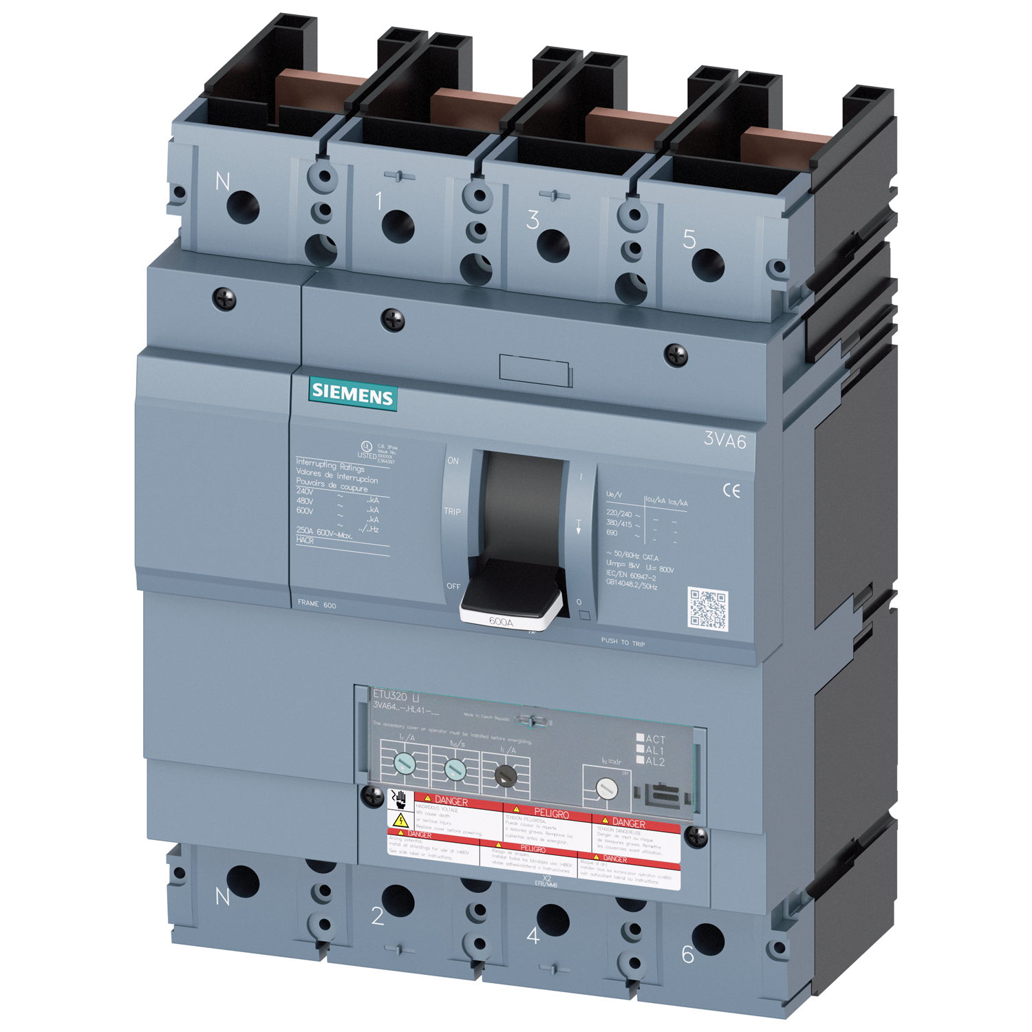 SIEMENS LOW VOLTAGE 3VA UL MOLDED CASE CIRCUIT BREAKER WITH ELECTRONIC TRIP UNIT. 3VA64 FRAME WITH MEDIUM (CLASS M) BREAKING CAPACITY. 600A 4-POLE (18KAIC AT 600V) (35KAIC AT 480V). ETU320 TRIP UNIT LI. SPECIAL FEATURES WITHOUT LUGS. DIMENSIONS (W x H x D) IN 7.2 x 9.8 x 5.4.