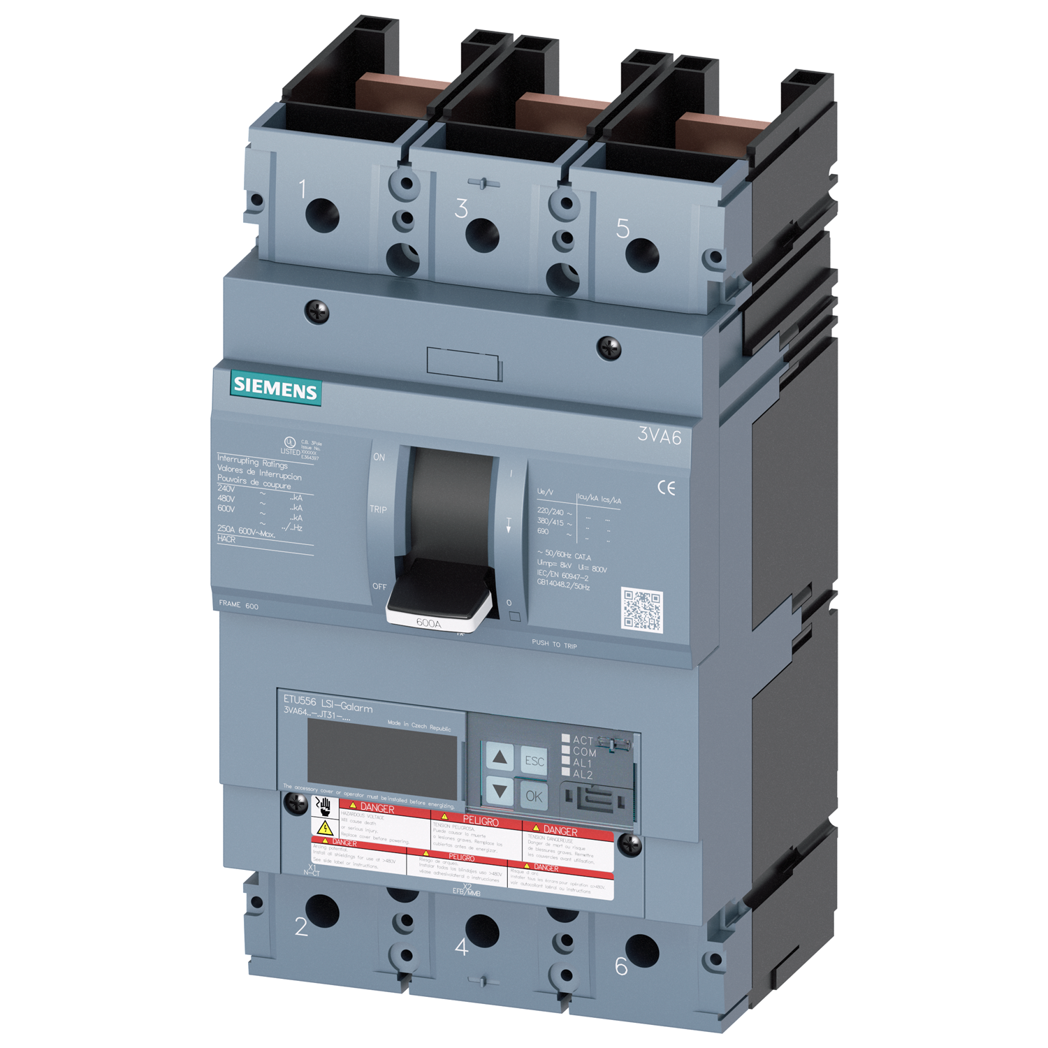 SIEMENS LOW VOLTAGE 3VA UL MOLDED CASE CIRCUIT BREAKER WITH ELECTRONIC TRIP UNIT. 3VA64 FRAME WITH MEDIUM (CLASS M) BREAKING CAPACITY. 600A 3-POLE (18KAIC AT 600V) (35KAIC AT 480V). ETU556 TRIP UNIT LCD LSI GROUND ALARM. SPECIAL FEATURES WITHOUT LUGS. DIMENSIONS (W x H x D) IN 5.4 x 9.8 x 5.4.