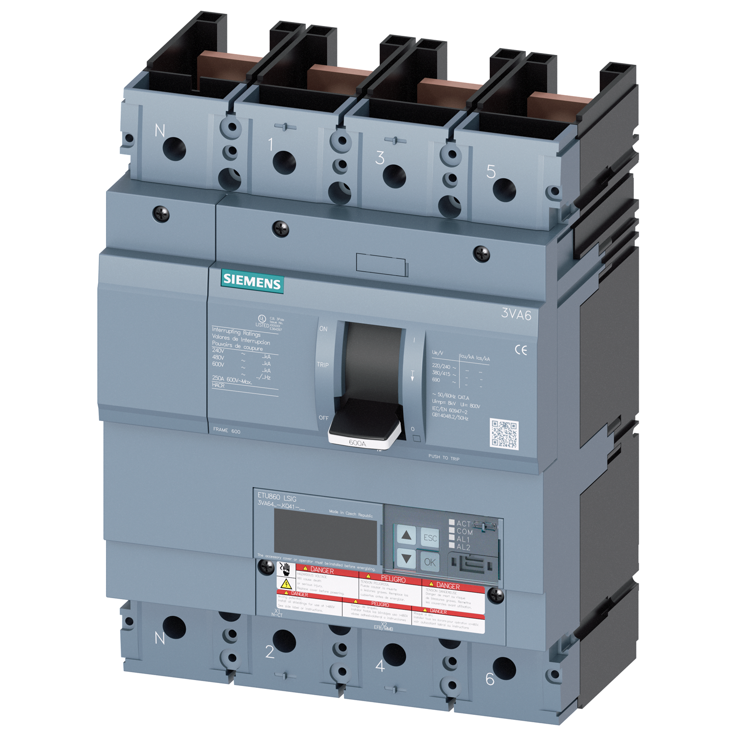 SIEMENS LOW VOLTAGE 3VA UL MOLDED CASE CIRCUIT BREAKER WITH ELECTRONIC TRIP UNIT. 3VA64 FRAME WITH EXTREMELY HIGH (CLASS L) BREAKING CAPACITY. 600A 4-POLE (50KAIC AT 600V) (150KAIC AT 480V). ETU860 TRIP UNIT LCD LSIG WITH METERING. SPECIALFEATURES WITHOUT LUGS. DIMENSIONS (W x H x D) IN 7.2 x 9.8 x 5.4.
