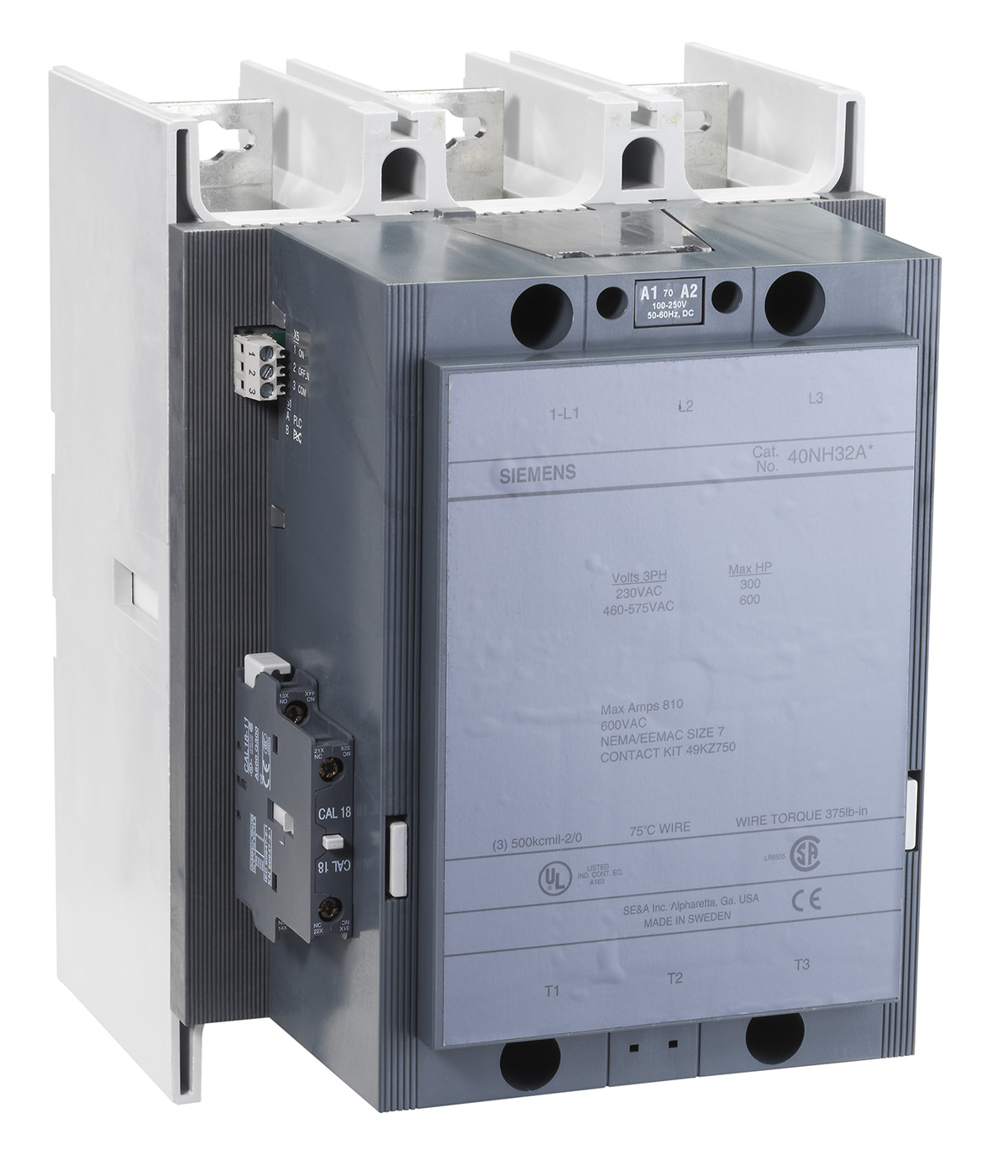 Non-reversing NEMA contactor, Size 7, Three phase full voltage, Contactor amp rating 810A, 3 wire (NO aux included), 100-250V 50-60Hz/DC coil, Non-combination type, Enclosure NEMA type (open), No enclosure