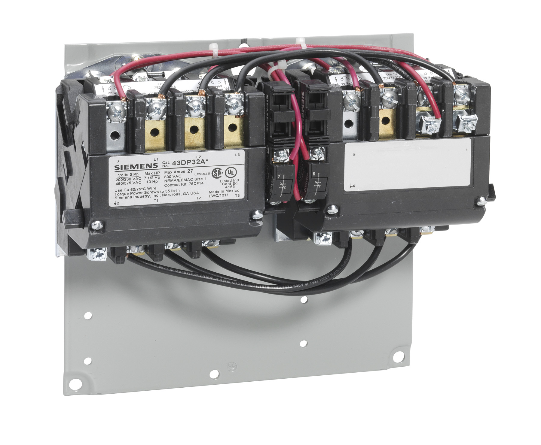 Reversing NEMA contactor, Size 1, Three phase full voltage, Contactor amp rating 27A, 3 wire (NO aux included), 110-120/220-240VAC 60Hz coil, Non-combination type, Enclosure NEMA type (open), No enclosure