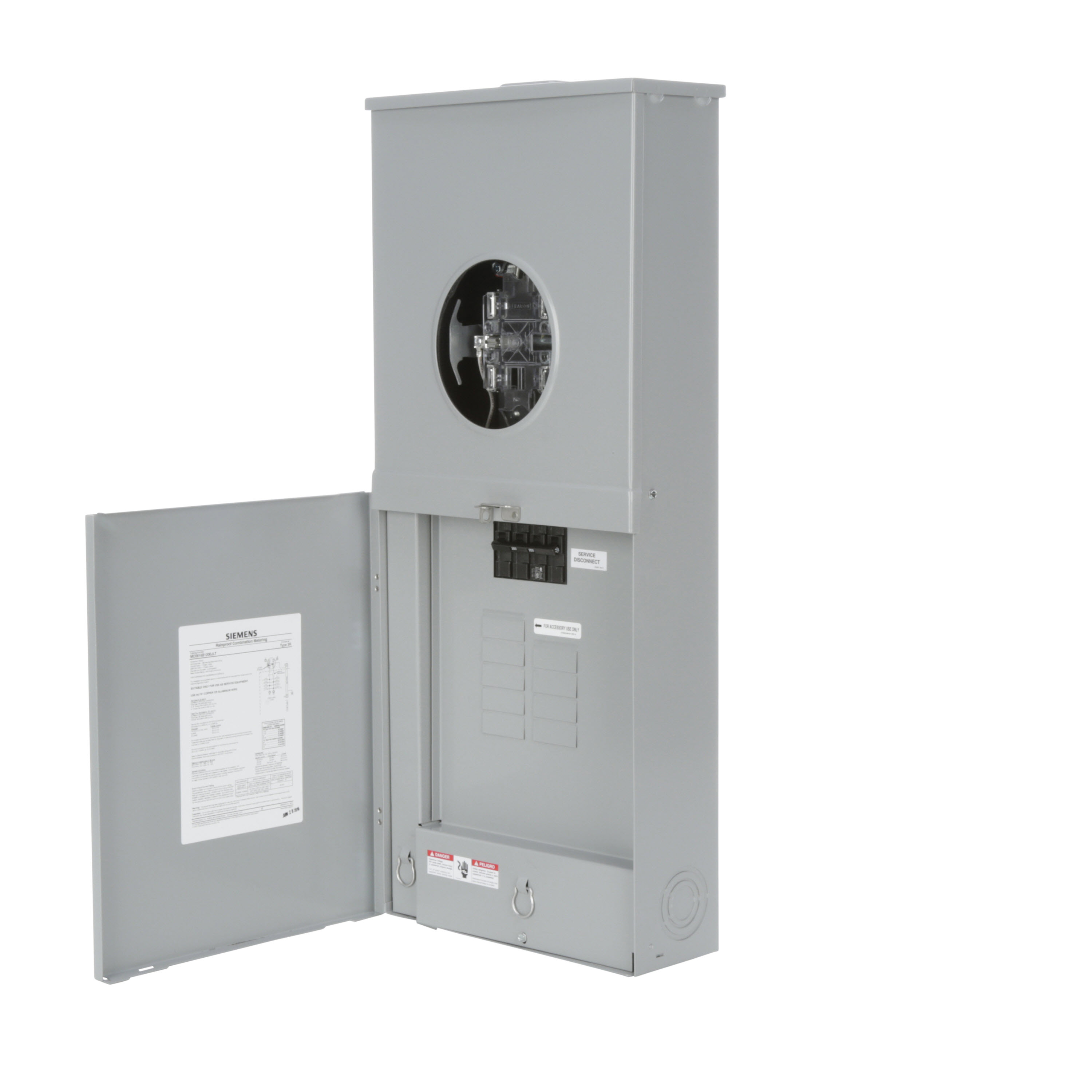 SIEMENS LOW VOLTAGE METER LOAD CENTER COMBINATION. FACTORY INSTALLED MAIN BREAKER 8 (1 INCH) SPACES INTERIOR ALLOWING MAX 16 CIRCUITS. 5-JAW METER / 1-PHASE SYSTEM RATED 200A. SPECIAL FEATURES OH/UG FEED, RING TYPE COVER, LEVER BYPASS SOCKET, FEED THRU LUGS