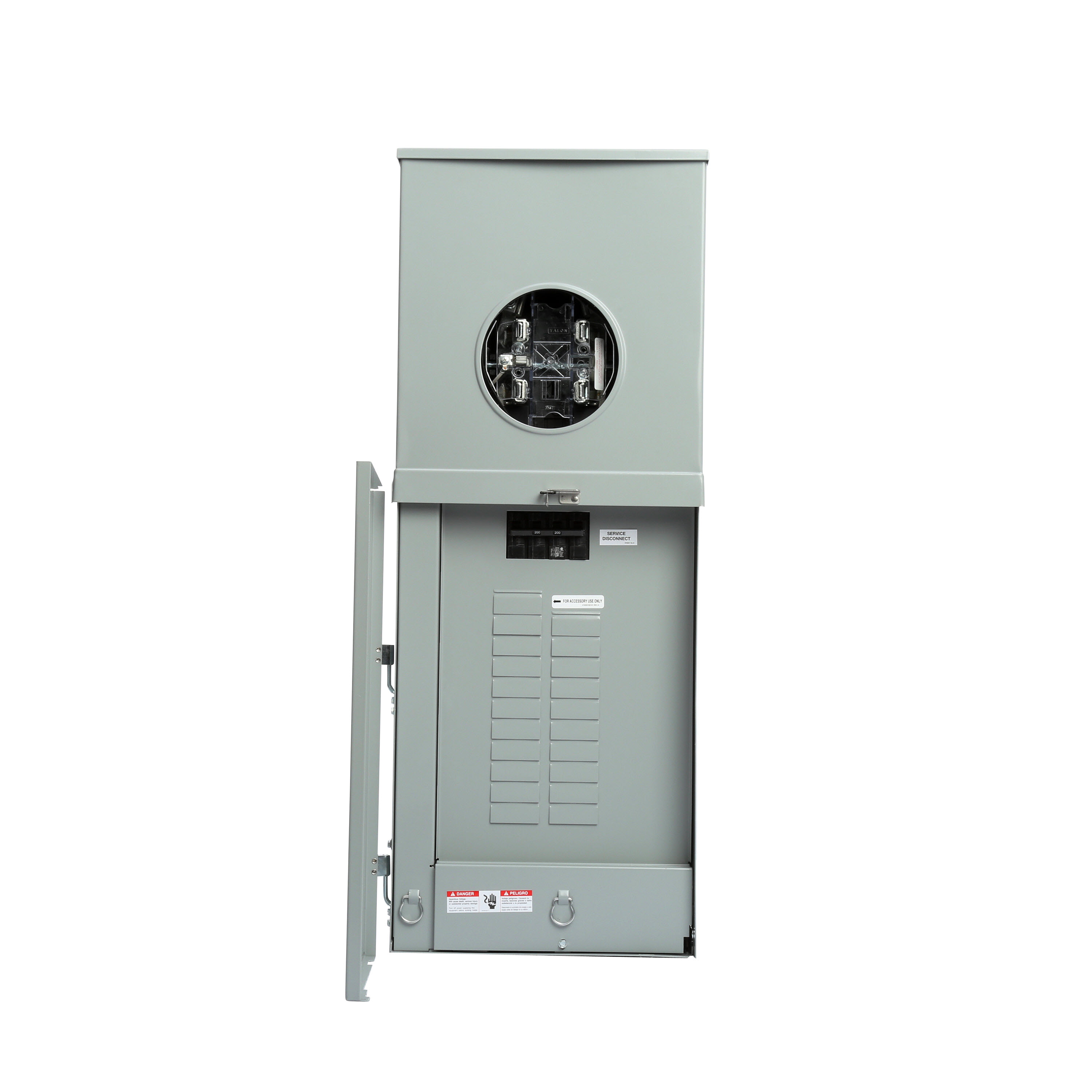 SIEMENS LOW VOLTAGE METER LOAD CENTER COMBINATION. FACTORY INSTALLED MAIN BREAKER 20 (1 INCH) SPACES INTERIOR ALLOWING MAX 40 CIRCUITS. 5-JAW METER / 1-PHASE SYSTEM RATED 200A. SPECIAL FEATURES OH/UG FEED, RING TYPE COVER, LEVER BYPASS SOCKET