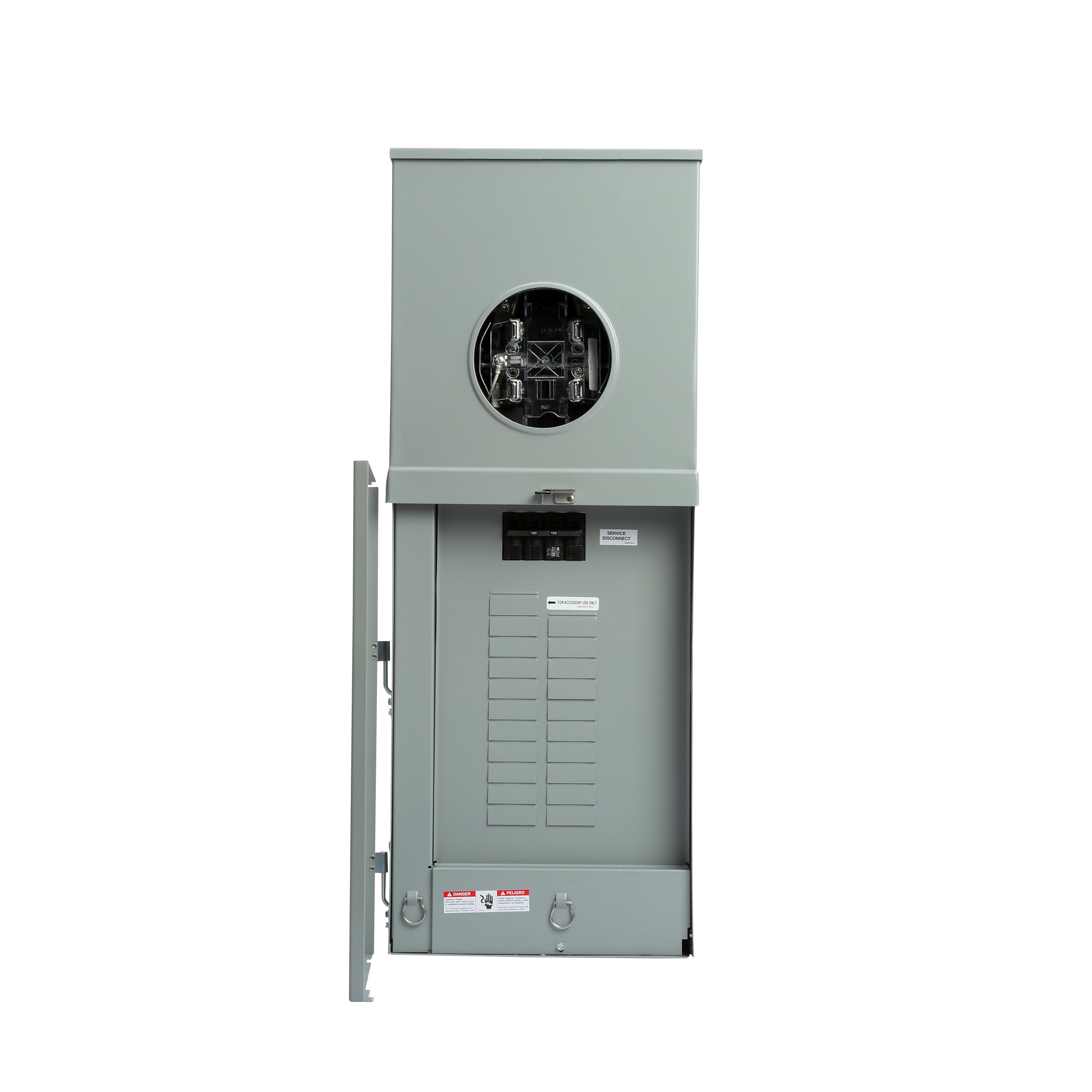 SIEMENS LOW VOLTAGE METER LOAD CENTER COMBINATION. FACTORY INSTALLED MAIN BREAKER 20 (1 INCH) SPACES INTERIOR ALLOWING MAX 40 CIRCUITS. 5-JAW METER / 1-PHASE SYSTEM RATED 150A. SPECIAL FEATURES OH/UG FEED, RING TYPE COVER, LEVER BYPASS SOCKET