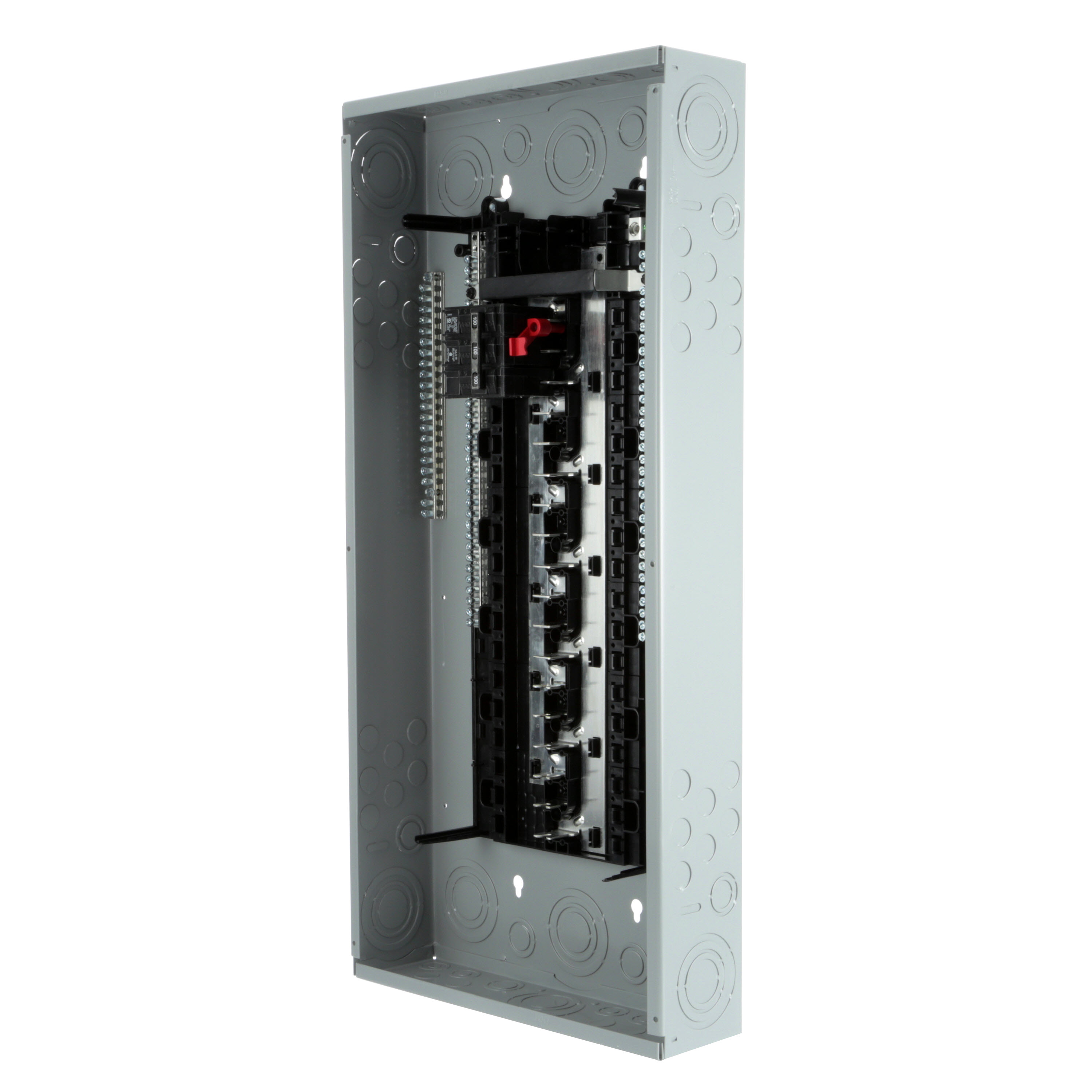 SIEMENS LOW VOLTAGE PL SERIES LOAD CENTER. FACTORY INSTALLED MAIN BREAKER WITH 30 1-INCH SPACES ALLOWING MAX 42 CIRCUITS. 3-PHASE 4-WIRE SYSTEM RATED 120/240V OR 120/208V (100A) 22KA INTERRUPT. SPECIAL FEATURES COPPER BUS, INTERCHANGEABLE MAIN, GRAY TRIM, NEMA TYPE1 ENCLOSURE FOR INDOOR USE.