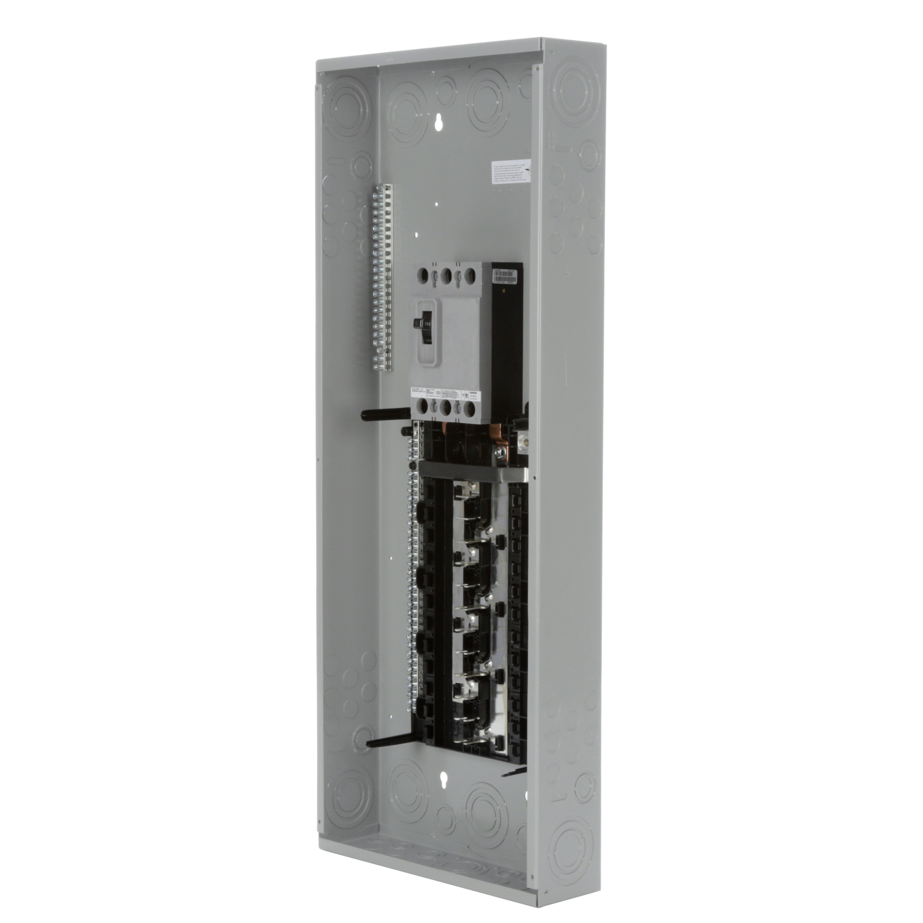SIEMENS LOW VOLTAGE PL SERIES LOAD CENTER. FACTORY INSTALLED MAIN BREAKER WITH 24 1-INCH SPACES ALLOWING MAX 42 CIRCUITS. 3-PHASE 4-WIRE SYSTEM RATED 120/240V OR 120/208V (150A) 22KA INTERRUPT. SPECIAL FEATURES COPPER BUS, INTERCHANGEABLE MAIN, GRAY TRIM, NEMA TYPE1 ENCLOSURE FOR INDOOR USE.