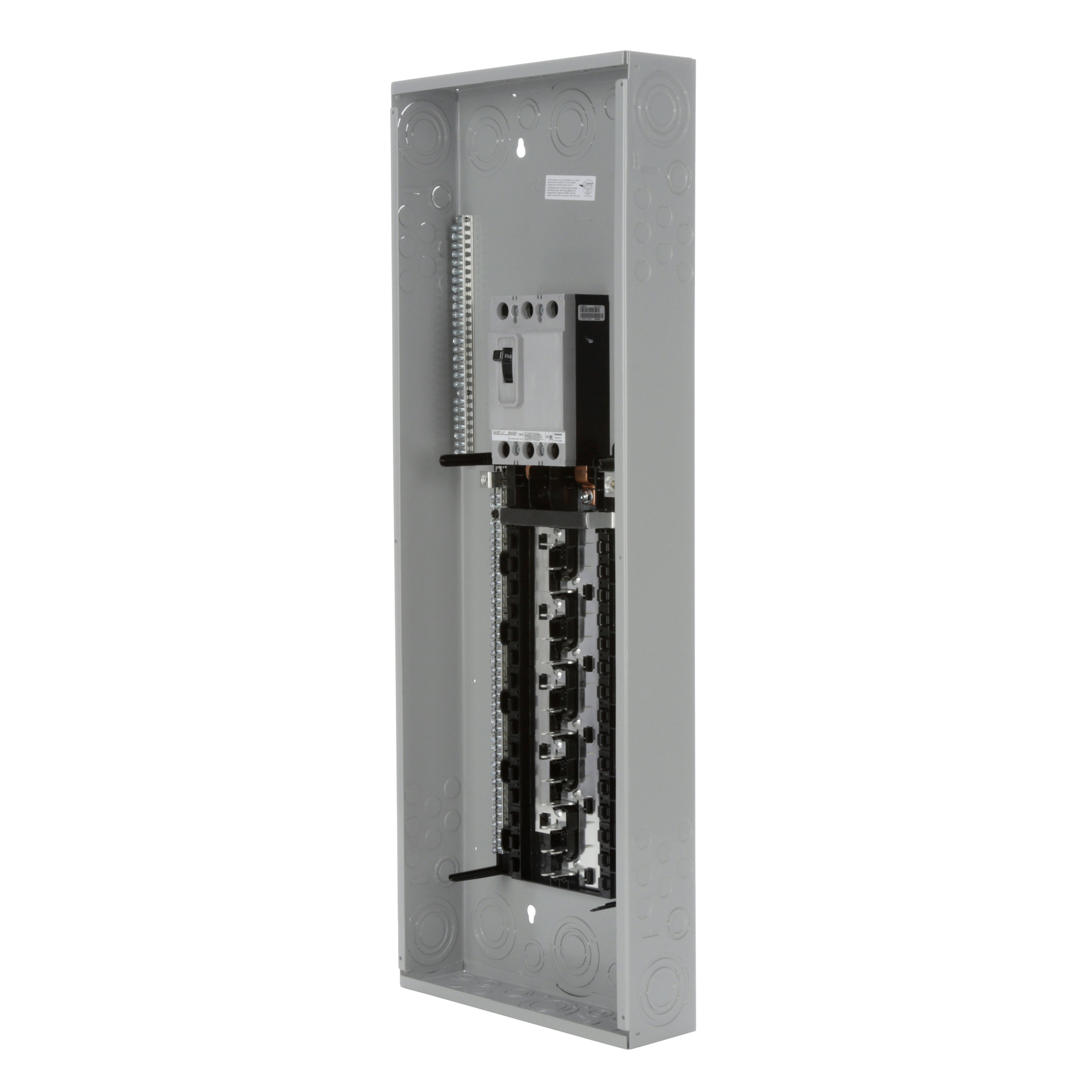 SIEMENS LOW VOLTAGE PL SERIES LOAD CENTER. FACTORY INSTALLED MAIN BREAKER WITH 30 1-INCH SPACES ALLOWING MAX 54 CIRCUITS. 3-PHASE 4-WIRE SYSTEM RATED 120/240V OR 120/208V (200A) 22KA INTERRUPT. SPECIAL FEATURES COPPER BUS, INTERCHANGEABLE MAIN, GRAY TRIM, NEMA TYPE1 ENCLOSURE FOR INDOOR USE.