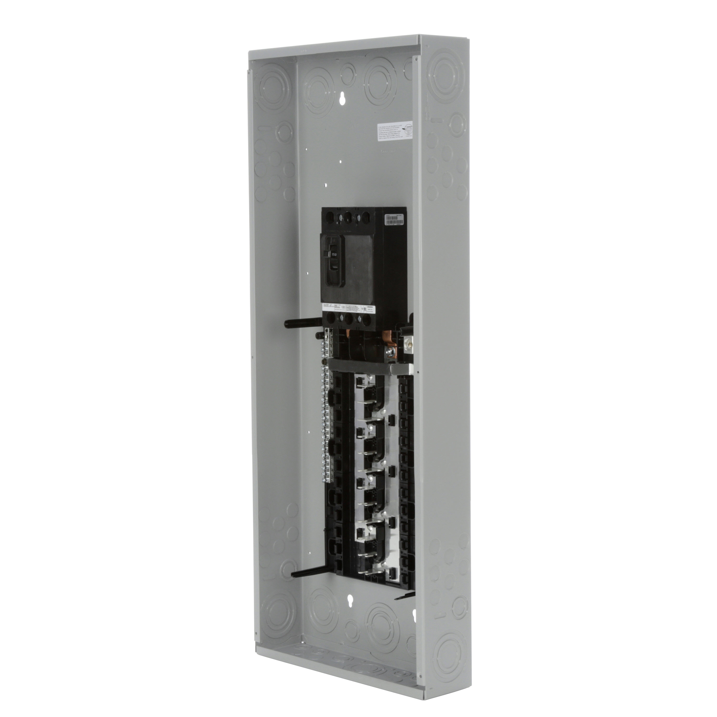 SIEMENS LOW VOLTAGE ES SERIES LOAD CENTER. FACTORY INSTALLED MAIN BREAKER WITH 24 1-INCH SPACES ALLOWING MAX 42 CIRCUITS. 3-PHASE 4-WIRE SYSTEM RATED 120/240V OR 120/208V (150A) 10KA INTERRUPT. SPECIAL FEATURES ALUMINUM BUS, GRAY TRIM, NEMA TYPE1 ENCLOSURE FOR INDOOR USE.