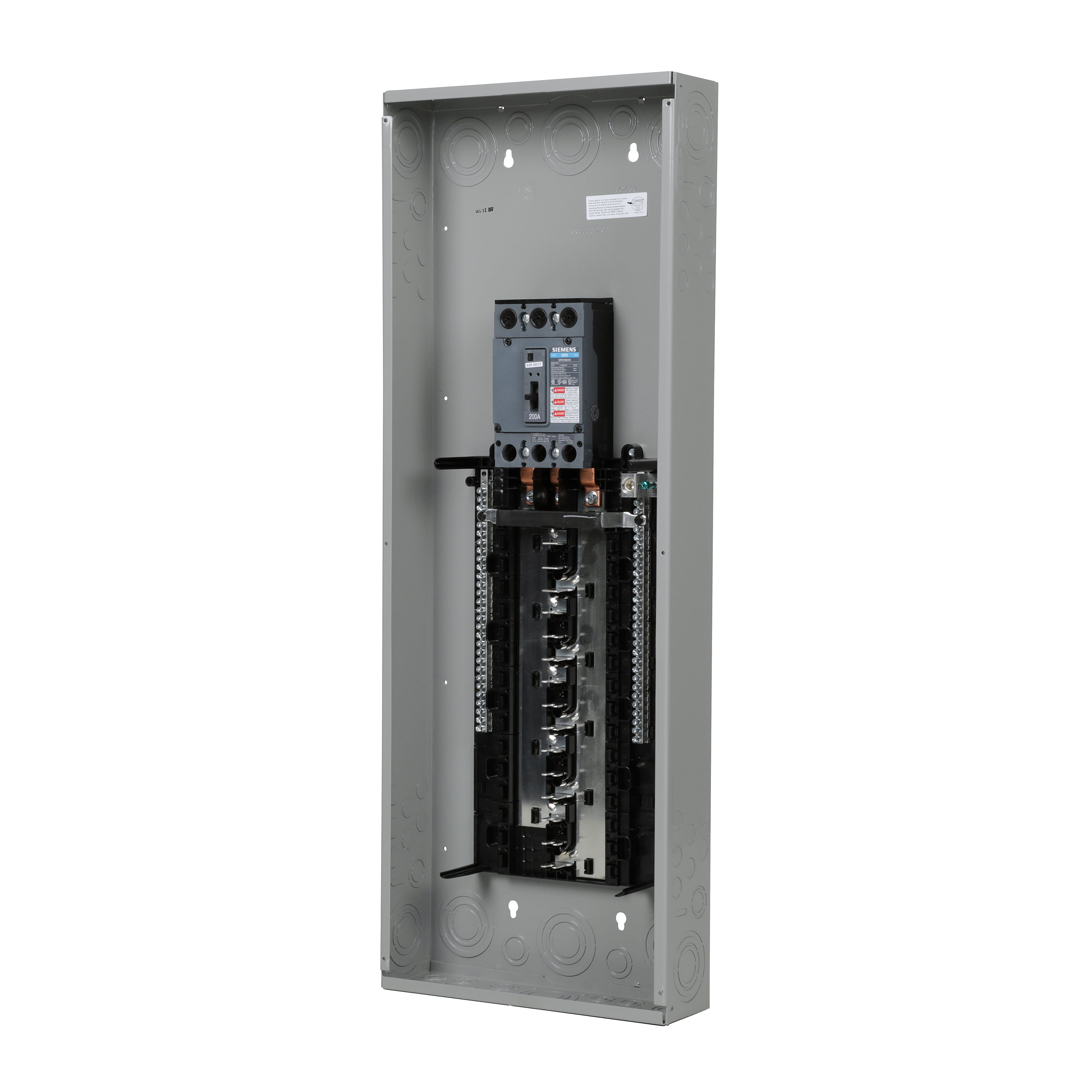 SIEMENS LOW VOLTAGE ES SERIES LOAD CENTER. FACTORY INSTALLED MAIN BREAKER WITH 30 1-INCH SPACES ALLOWING MAX 54 CIRCUITS. 3-PHASE 4-WIRE SYSTEM RATED 120/240V OR 120/208V (200A) 10KA INTERRUPT. SPECIAL FEATURES ALUMINUM BUS, GRAY TRIM, NEMA TYPE1 ENCLOSURE FOR INDOOR USE.