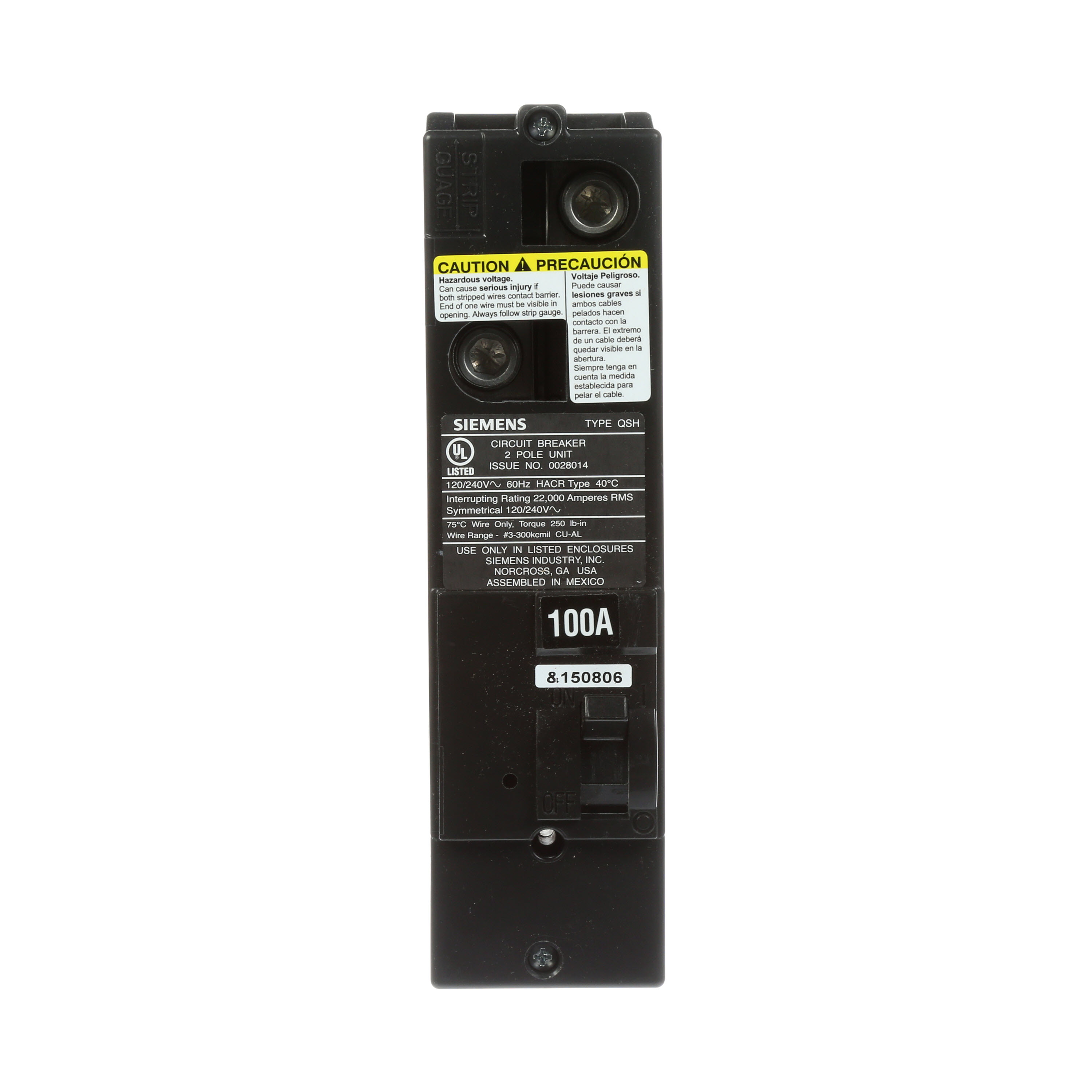 Siemens Low Voltage Residential Circuit Breakers Main Breakers - Type QS Breakers are Circuit Protection Load Center Mains, Feeders, and Miniature Circuit Breakers. Type QSH Application Electrical Distribution Standard UL 489 Voltage Rating 120/240V Amperage Rating 100A Trip Range Thermal Magnetic Interrupt Rating 22 AIC Number Of Poles 2P