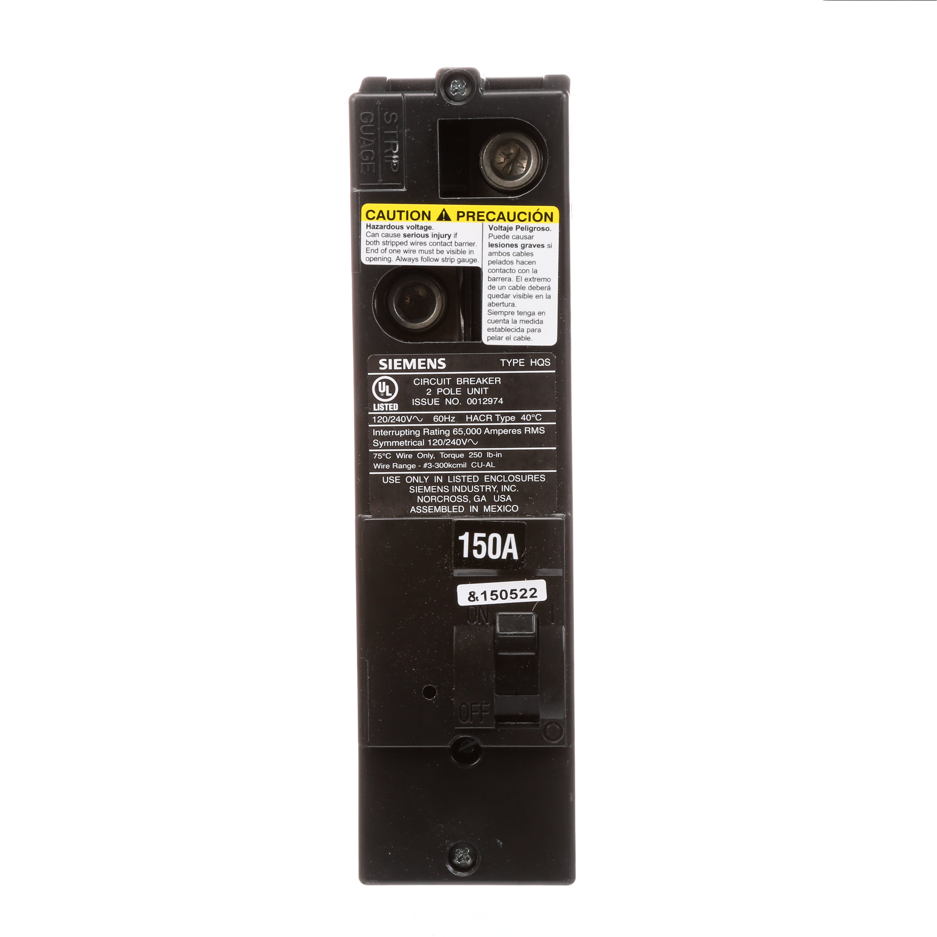 Siemens Low Voltage Residential Circuit Breakers Main Breakers - Type QS Breakers are Circuit Protection Load Center Mains, Feeders, and Miniature Circuit Breakers. Type HQS Application Electrical Distribution Standard UL 489 Voltage Rating 120/240V Amperage Rating 150A Trip Range Thermal Magnetic Interrupt Rating 65 AIC Number Of Poles 2P