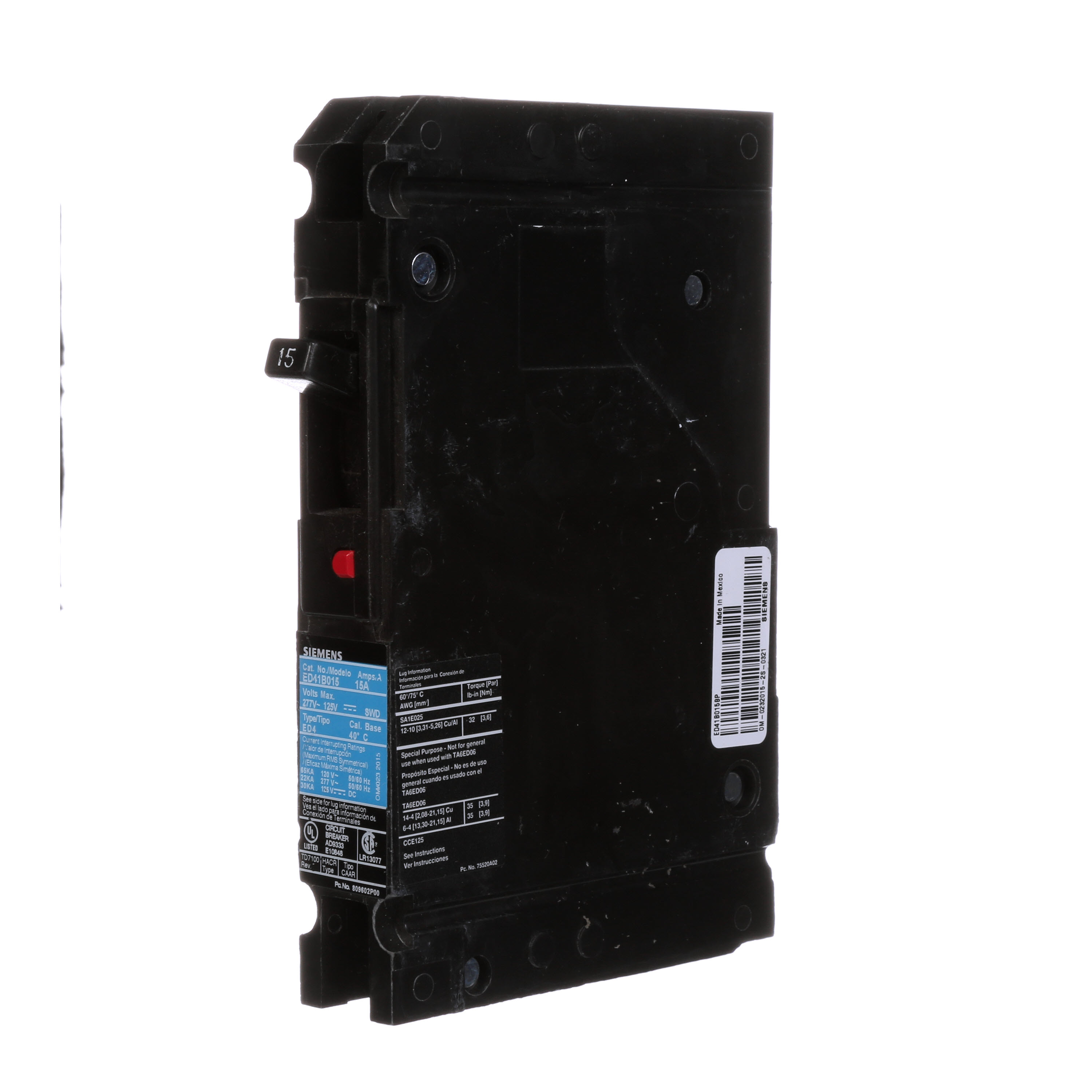 SIEMENS LOW VOLTAGE SENTRON MOLDED CASE CIRCUIT BREAKER WITH THERMAL - MAGNETICTRIP UNIT. STANDARD 40 DEG C BREAKER ED FRAME WITH STANDARD BREAKING CAPACITY. 15A 1-POLE (22KAIC AT 277V). NON-INTERCHANGEABLE TRIP UNIT. SPECIAL FEATURES VALUE PACK, LOAD LUGS ONLY (SA1E025) WIRE RANGE 14 - 10AWG (CU) / 12 - 10AWG (AL). DIMENSIONS (W x H x D) IN 1.00 x 6.4 x 3.92.