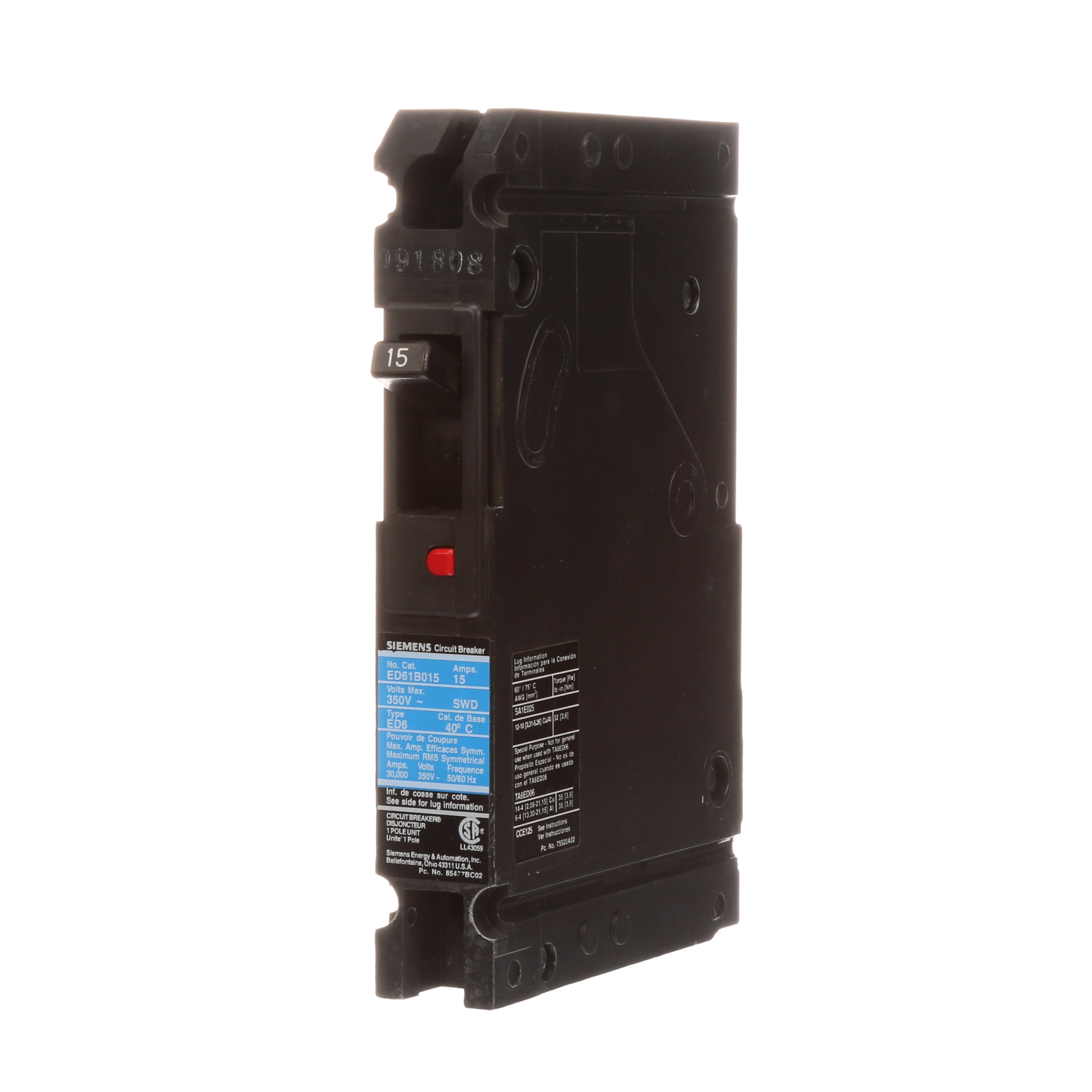 SIEMENS LOW VOLTAGE SENTRON MOLDED CASE CIRCUIT BREAKER WITH THERMAL - MAGNETICTRIP UNIT. STANDARD 40 DEG C BREAKER ED FRAME WITH STANDARD BREAKING CAPACITY. 15A 1-POLE (30KAIC AT 347V). NON-INTERCHANGEABLE TRIP UNIT. SPECIAL FEATURES VALUE PACK, LOAD LUGS ONLY (SA1E025) WIRE RANGE 14 - 10AWG (CU) / 12 - 10AWG (AL). DIMENSIONS (W x H x D) IN 1.00 x 6.4 x 3.92.