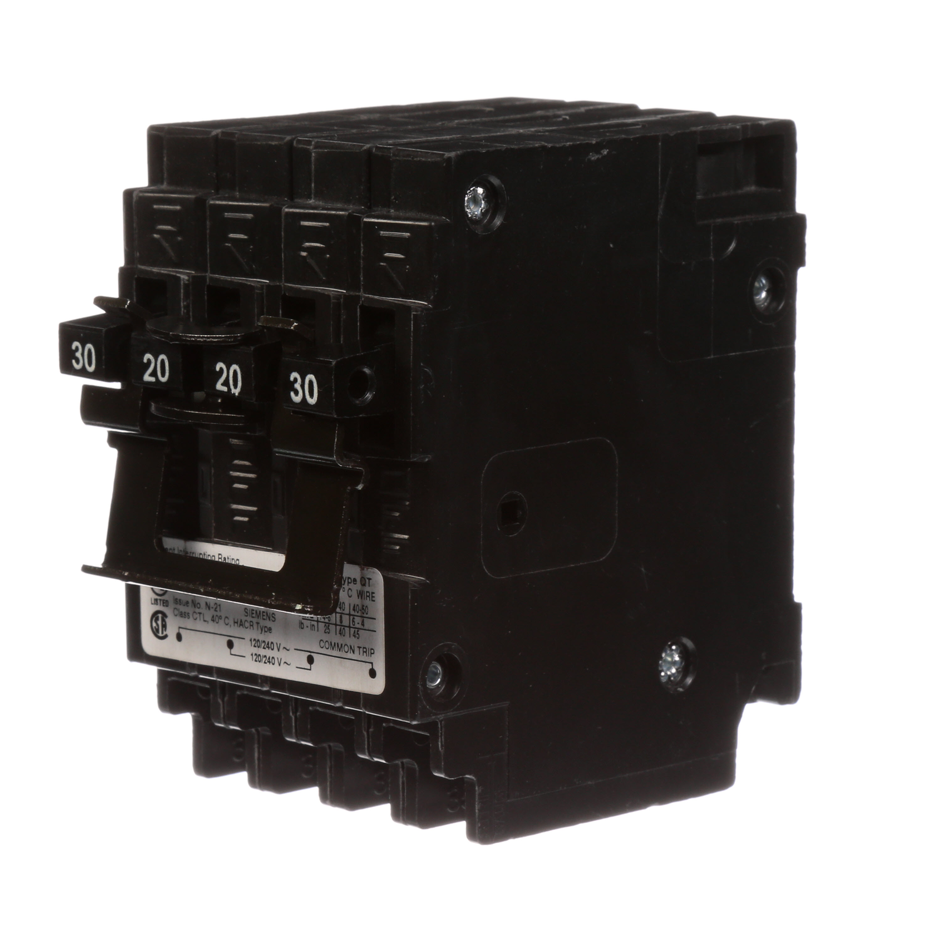 Siemens Low Voltage Residential Circuit Breakers Miniature Thermal Mag Circuit Breakers - Duplex, Triplex, Quadplex are Circuit Protection Load Center Mains, Feeders, and Miniature Circuit Breakers. Type QT Application Electrical Distribution Standard UL 489 Voltage Rating 120/240V Amperage Rating 30-20A Trip Range Thermal Magnetic Interrupt Rating 10 AIC Number Of Poles 2P