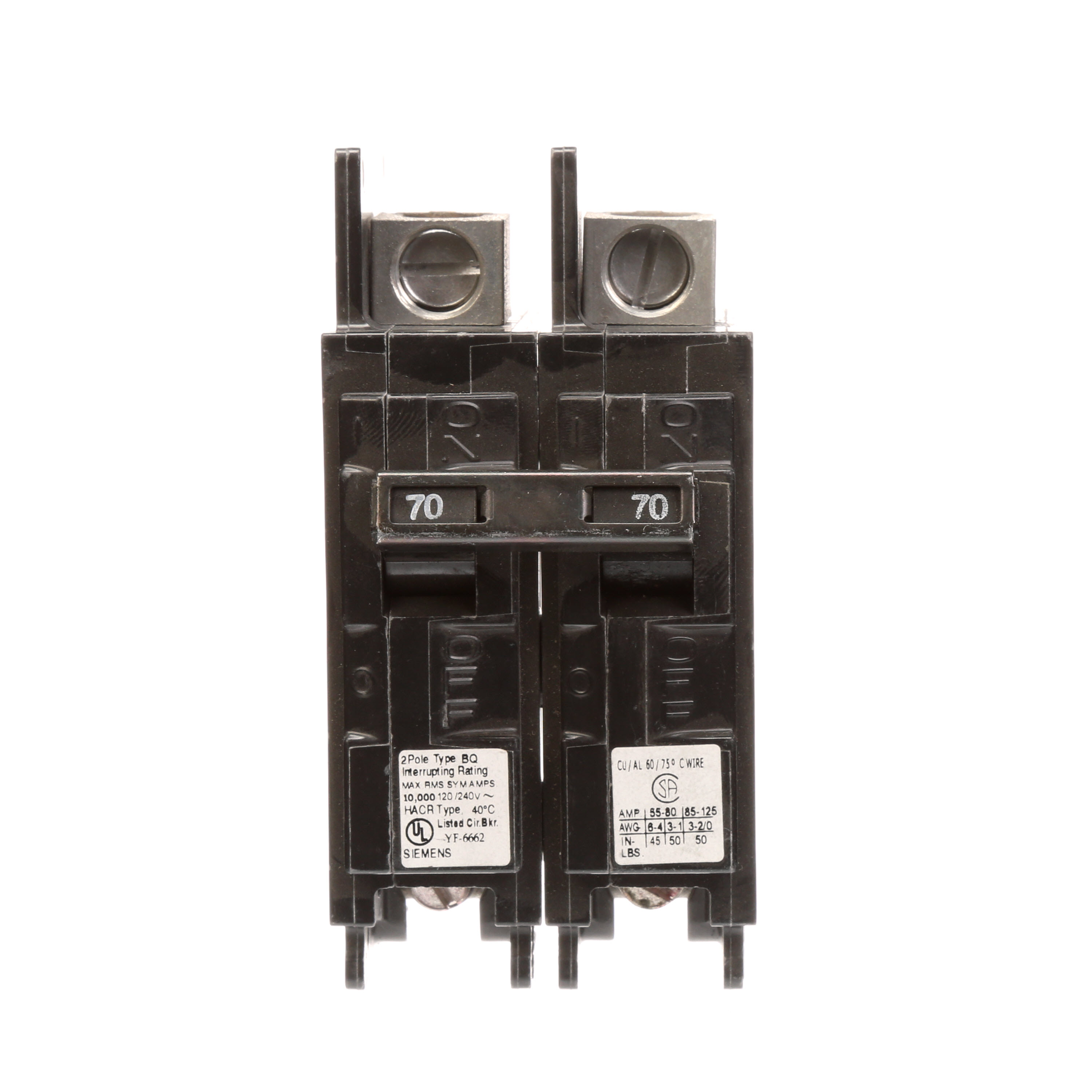 Siemens Low Voltage Molded Case Circuit Breakers General Purpose MCCBs - Type BQ, 2-Pole, 120/240VAC are Circuit Protection Molded Case Circuit Breakers. 2-Pole Common-Trip circuit breaker type BQ. Rated 120/240V (070A) (AIR 10 kA). Special features line side lugs included. Note Load side lugs are included.