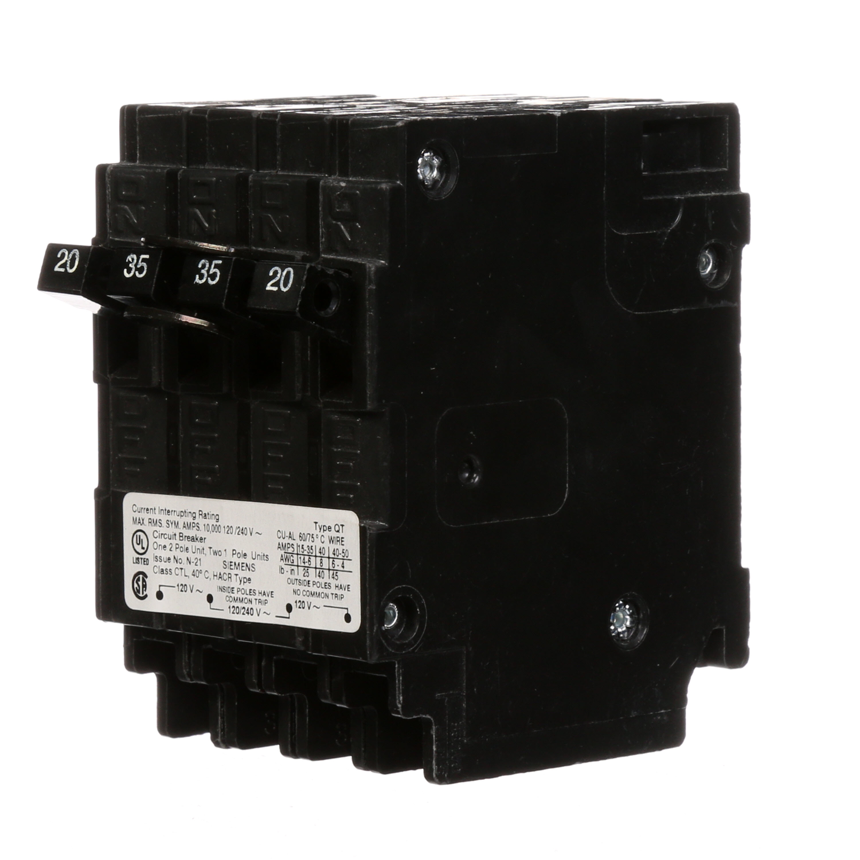 Siemens Low Voltage Residential Circuit Breakers Miniature Thermal Mag Circuit Breakers - Duplex, Triplex, Quadplex are Circuit Protection Load Center Mains, Feeders, and Miniature Circuit Breakers. Type QT Application Electrical Distribution Standard UL 489 Voltage Rating 120/240V Amperage Rating 20-35A Trip Range Thermal Magnetic Interrupt Rating 10 AIC Number Of Poles Two single poles and one double pole