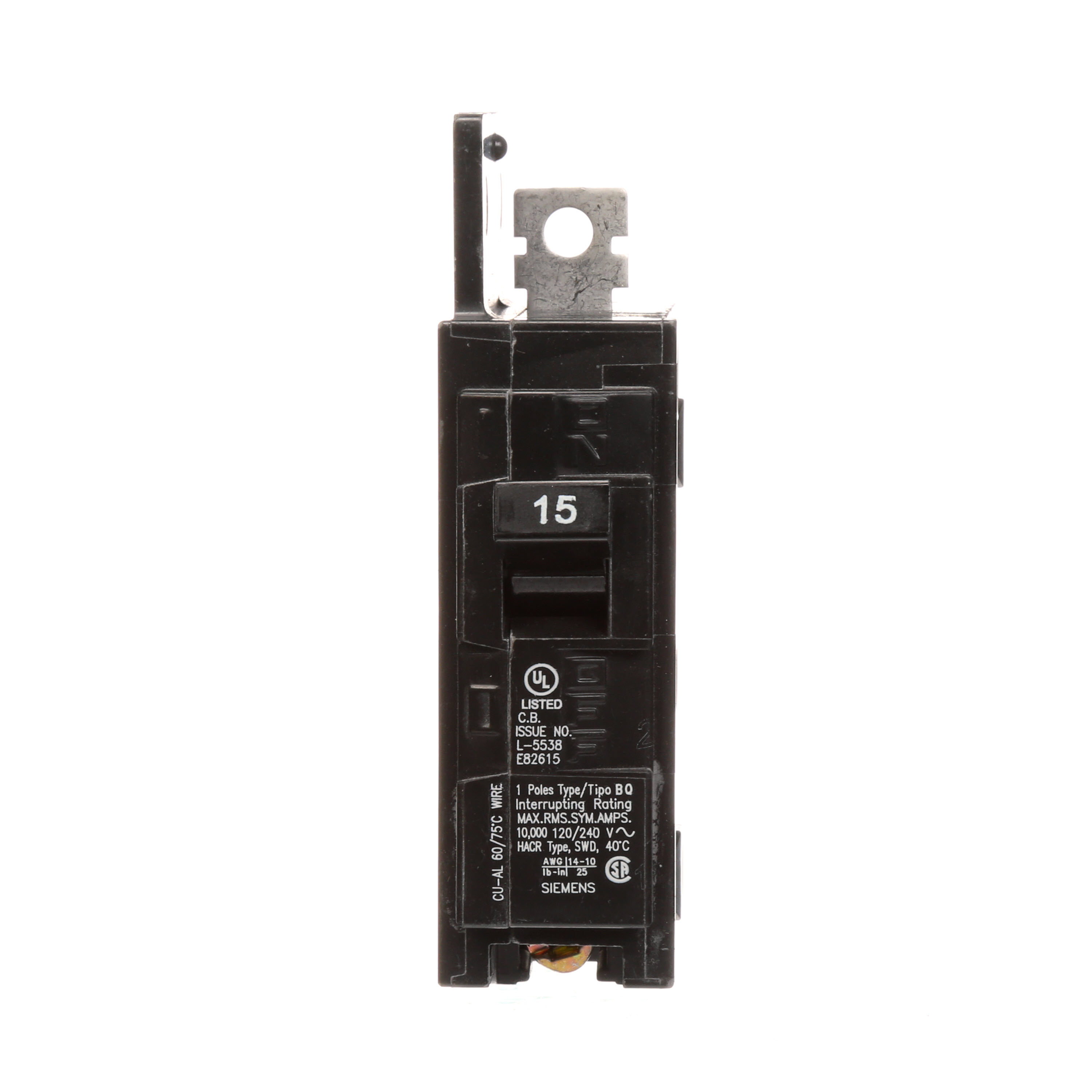 Siemens Low Voltage Molded Case Circuit Breakers General Purpose MCCBs are Circuit Protection Molded Case Circuit Breakers. 1-Pole circuit breaker type BQ. Rated 120V (015A) (AIR 10 kA). Special features Load side lugs are included.