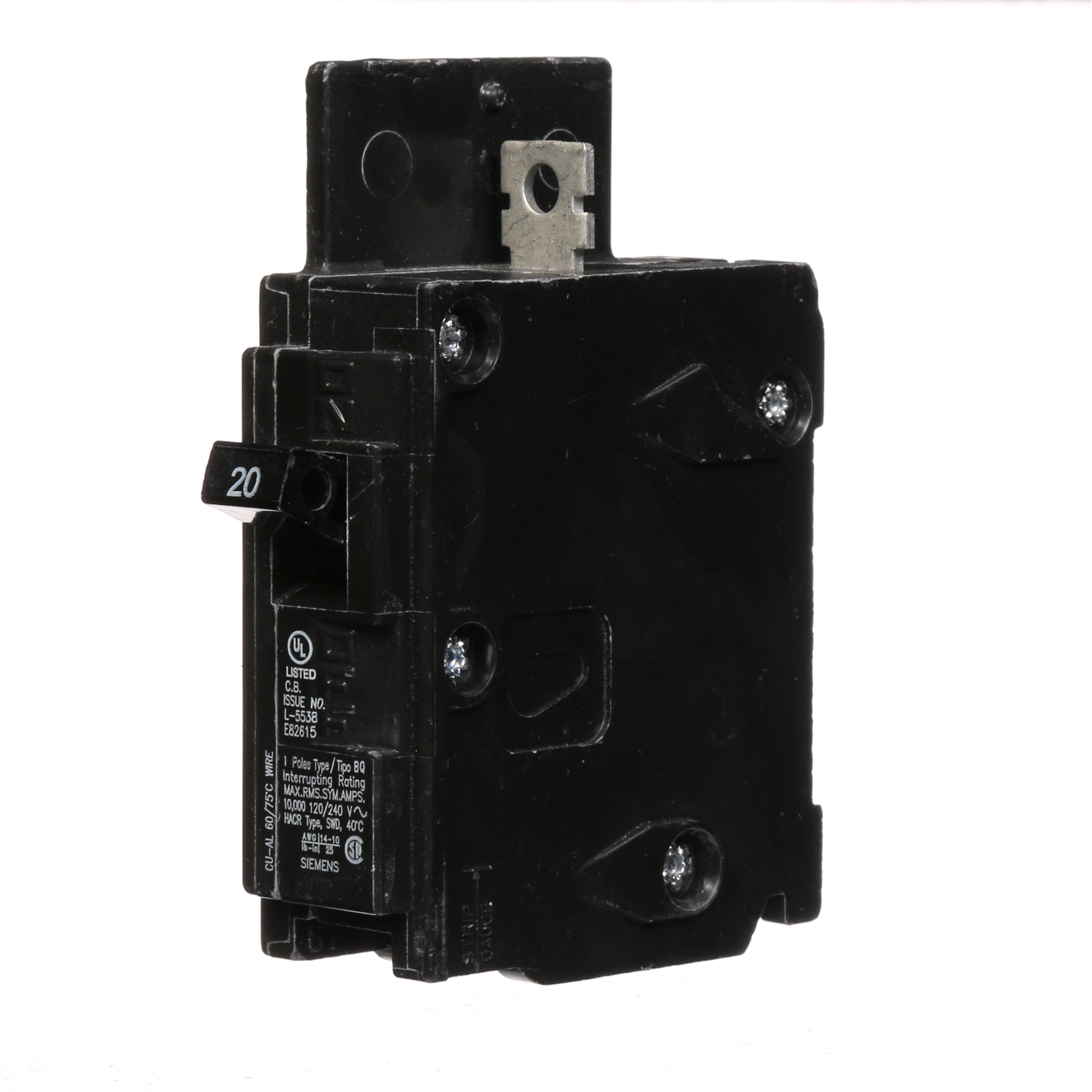 Siemens Low Voltage Molded Case Circuit Breakers General Purpose MCCBs are Circuit Protection Molded Case Circuit Breakers. 1-Pole circuit breaker type BQ. Rated 120V (020A) (AIR 10 kA). Special features Load side lugs are included.