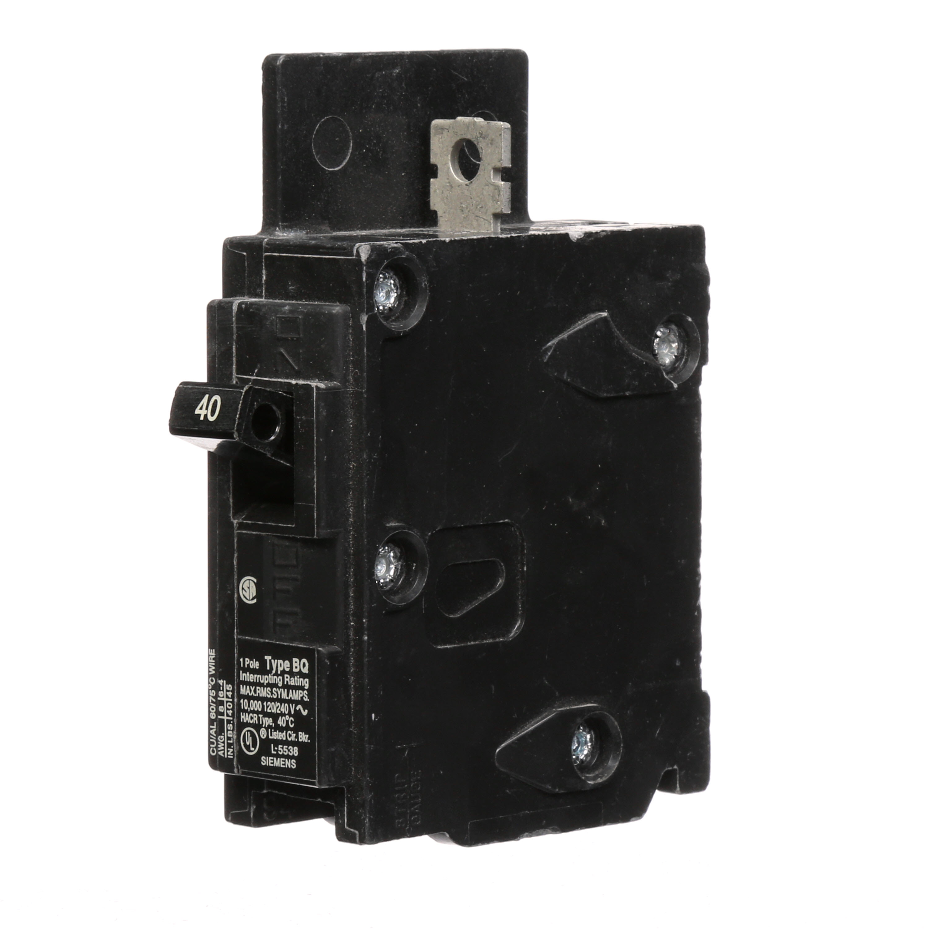 Siemens Low Voltage Molded Case Circuit Breakers General Purpose MCCBs are Circuit Protection Molded Case Circuit Breakers. 1-Pole circuit breaker type BQ. Rated 120V (040A) (AIR 10 kA). Special features Load side lugs are included.