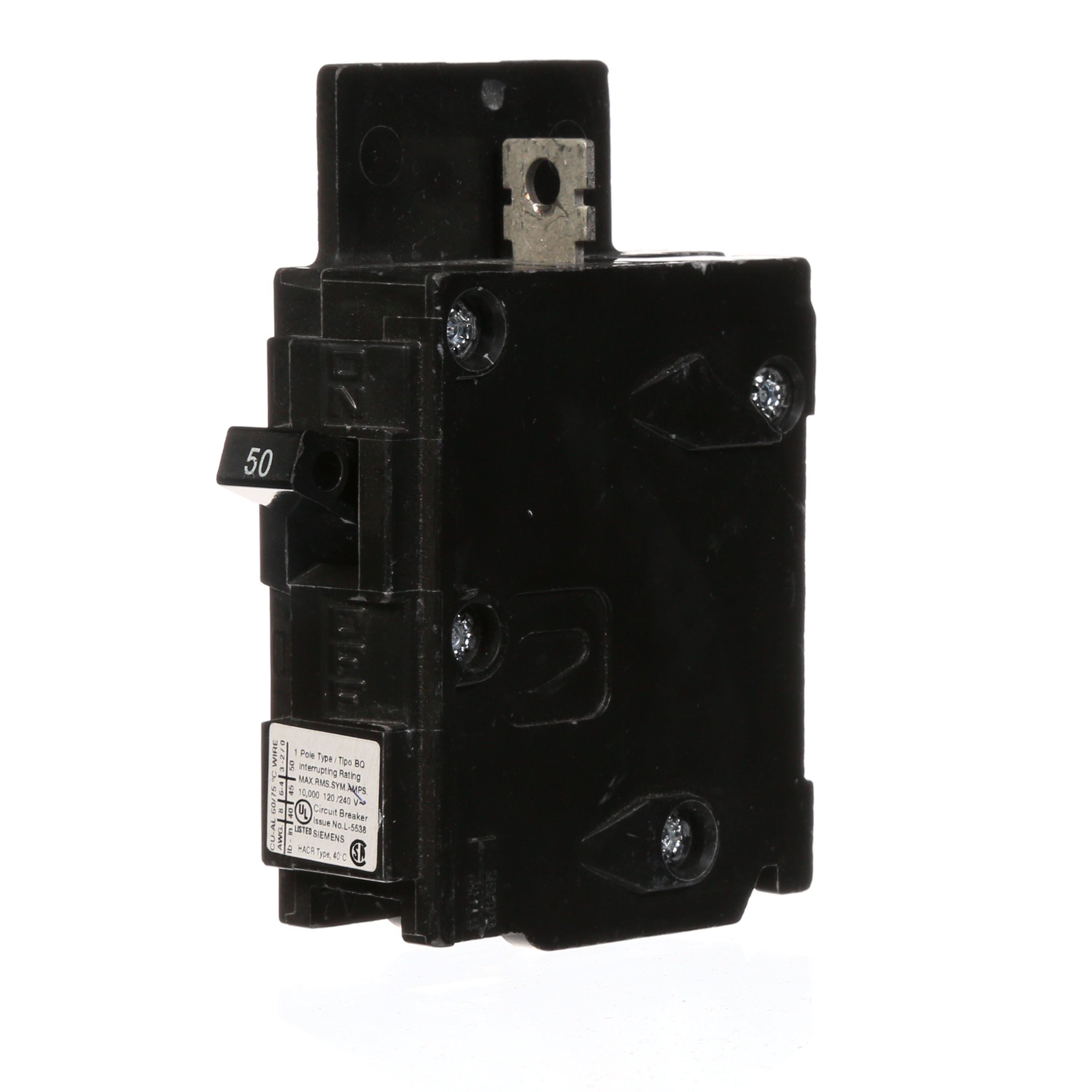 Siemens Low Voltage Molded Case Circuit Breakers General Purpose MCCBs are Circuit Protection Molded Case Circuit Breakers. 1-Pole circuit breaker type BQ. Rated 120V (050A) (AIR 10 kA). Special features Load side lugs are included.