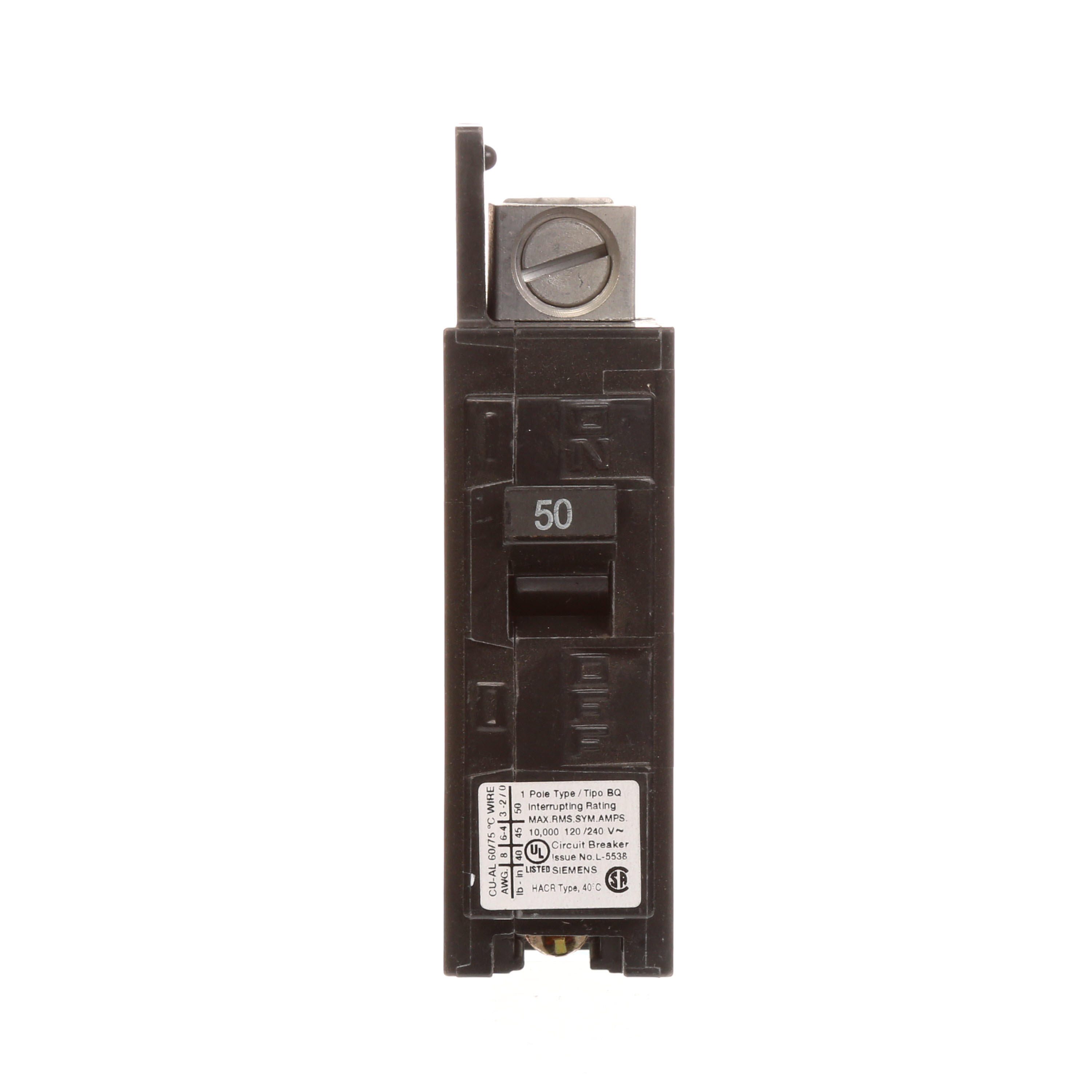 Siemens Low Voltage Molded Case Circuit Breakers General Purpose MCCBs are Circuit Protection Molded Case Circuit Breakers. 1-Pole circuit breaker type BQ. Rated 120V (050A) (AIR 10 kA). Special features line side lugs included. Note Load side lugs are included.