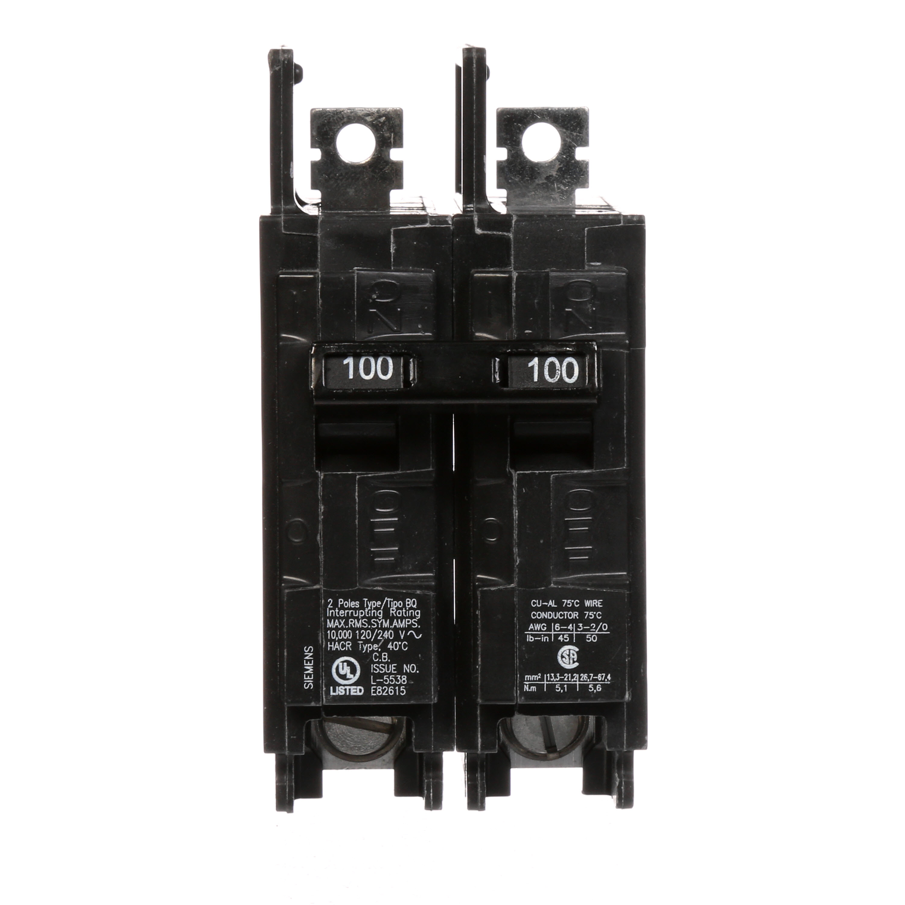 Siemens Low Voltage Molded Case Circuit Breakers General Purpose MCCBs - Type BQ, 2-Pole, 120/240VAC are Circuit Protection Molded Case Circuit Breakers. 2-Pole Common-Trip circuit breaker type BQ. Rated 120/240V (100A) (AIR 10 kA). Special features Load side lugs are included.