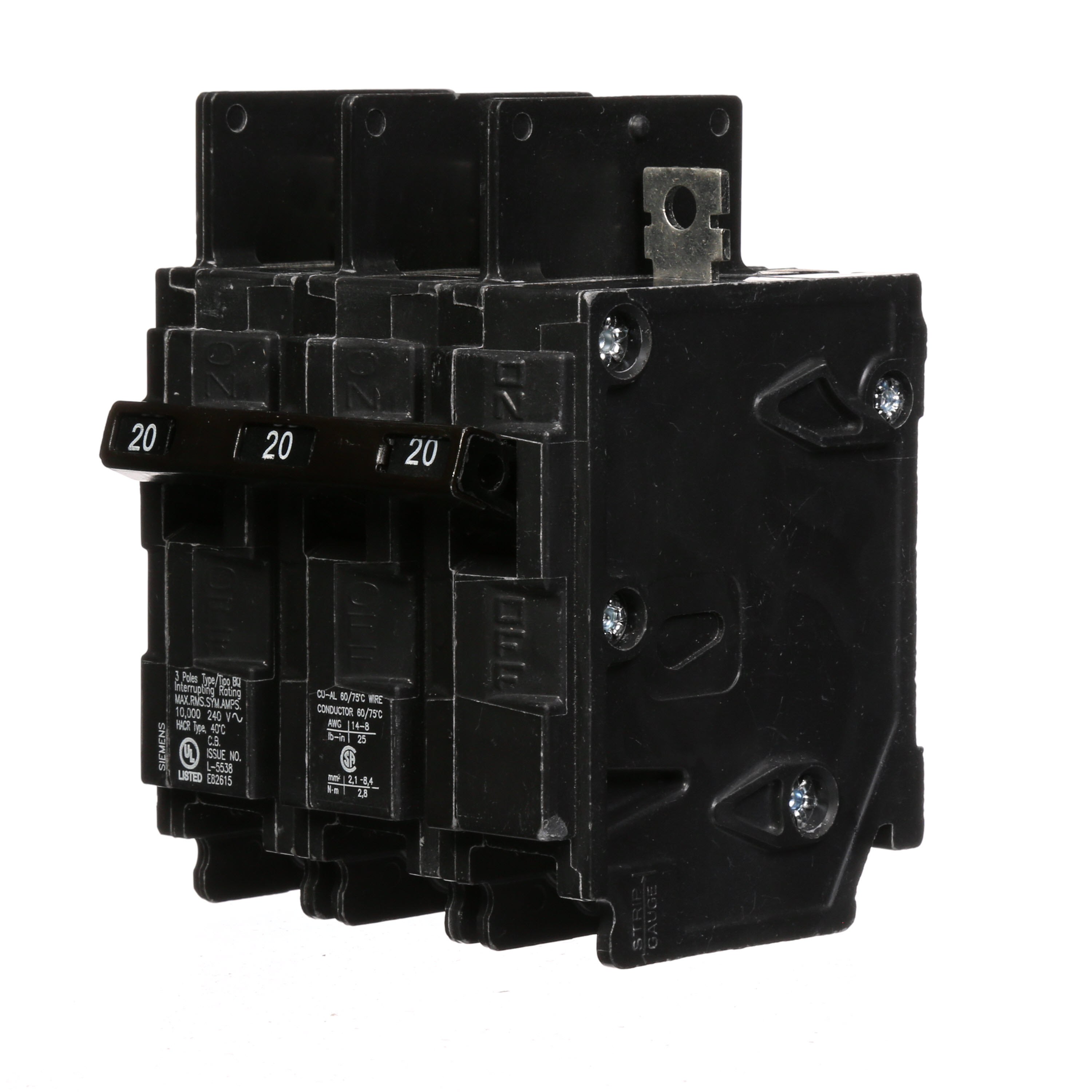 Siemens Low Voltage Molded Case Circuit Breakers General Purpose MCCBs are Circuit Protection Molded Case Circuit Breakers. 3-Pole Common-Trip circuit breaker type BQ. Rated 240V (020A) (AIR 10 kA). Special features Load side lugs are included.