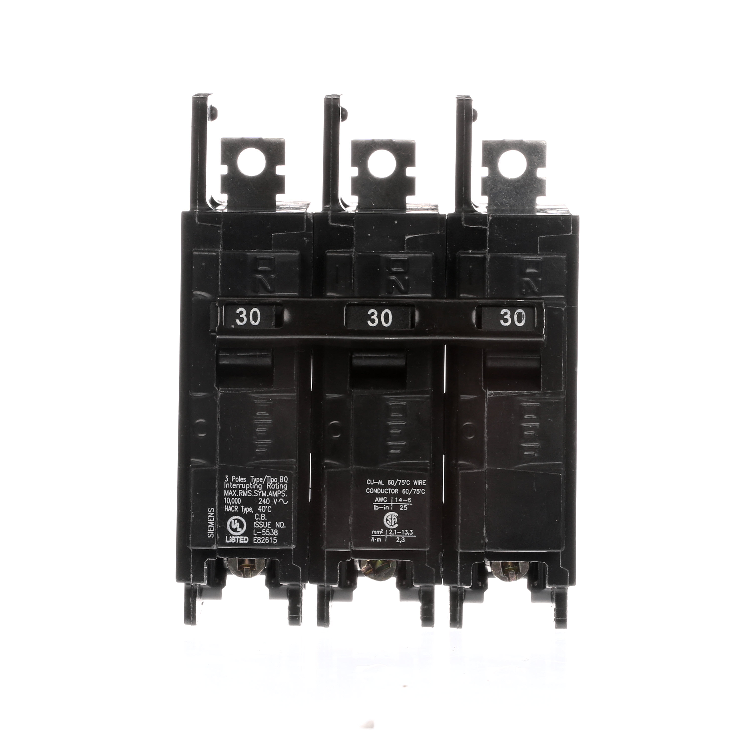Siemens Low Voltage Molded Case Circuit Breakers General Purpose MCCBs are Circuit Protection Molded Case Circuit Breakers. 3-Pole Common-Trip circuit breaker type BQ. Rated 240V (030A) (AIR 10 kA). Special features Load side lugs are included.