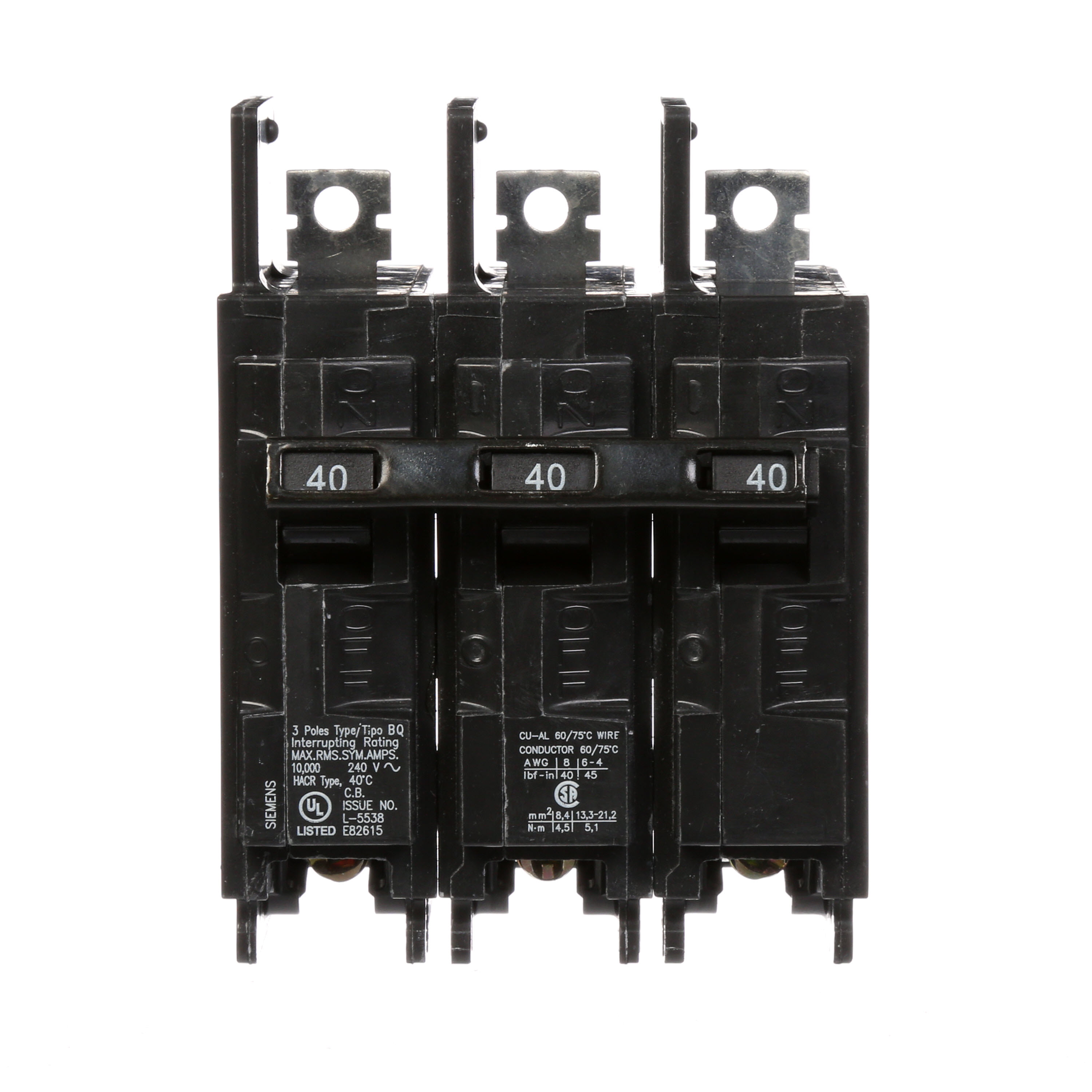 Siemens Low Voltage Molded Case Circuit Breakers General Purpose MCCBs are Circuit Protection Molded Case Circuit Breakers. 3-Pole Common-Trip circuit breaker type BQ. Rated 240V (040A) (AIR 10 kA). Special features Load side lugs are included.