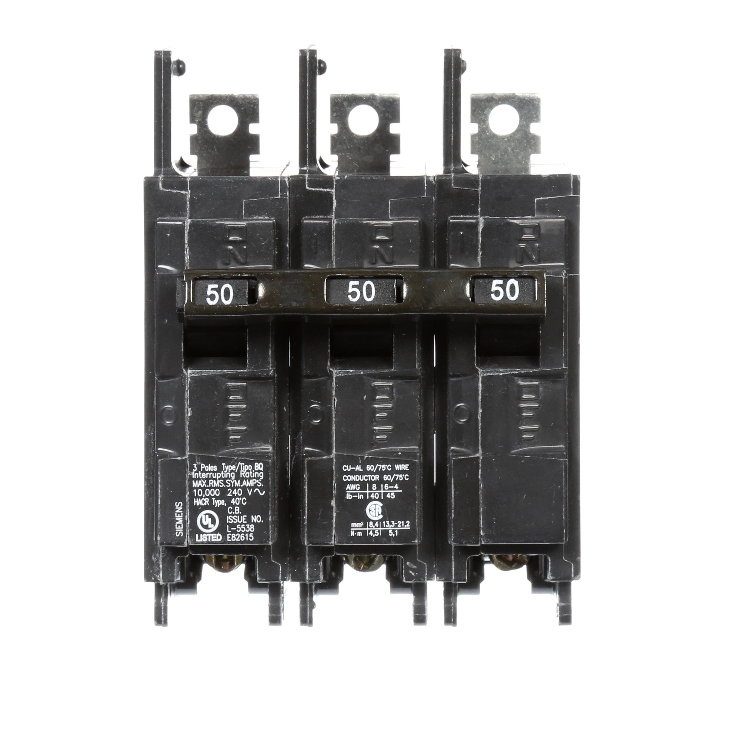 Siemens Low Voltage Molded Case Circuit Breakers General Purpose MCCBs are Circuit Protection Molded Case Circuit Breakers. 3-Pole Common-Trip circuit breaker type BQ. Rated 240V (050A) (AIR 10 kA). Special features Load side lugs are included.