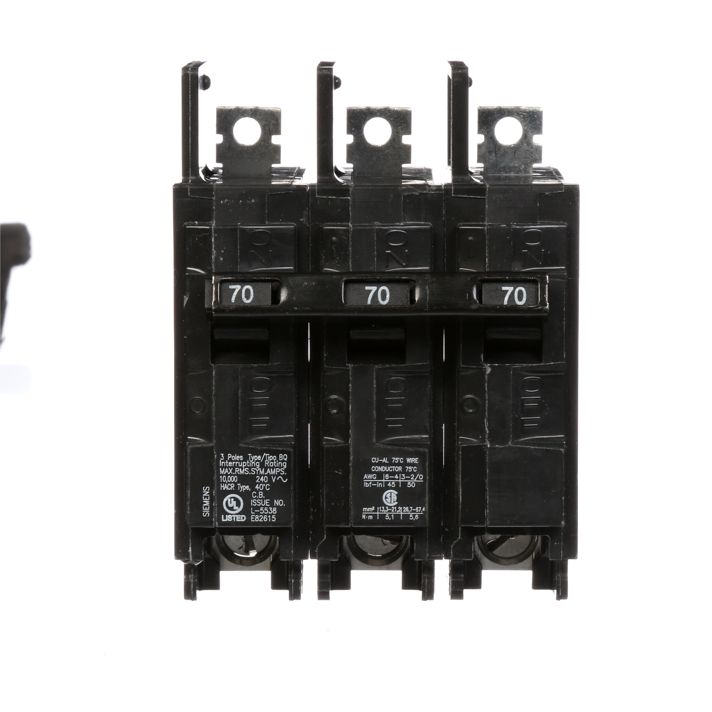 Siemens Low Voltage Molded Case Circuit Breakers General Purpose MCCBs are Circuit Protection Molded Case Circuit Breakers. 3-Pole Common-Trip circuit breaker type BQ. Rated 240V (070A) (AIR 10 kA). Special features Load side lugs are included.