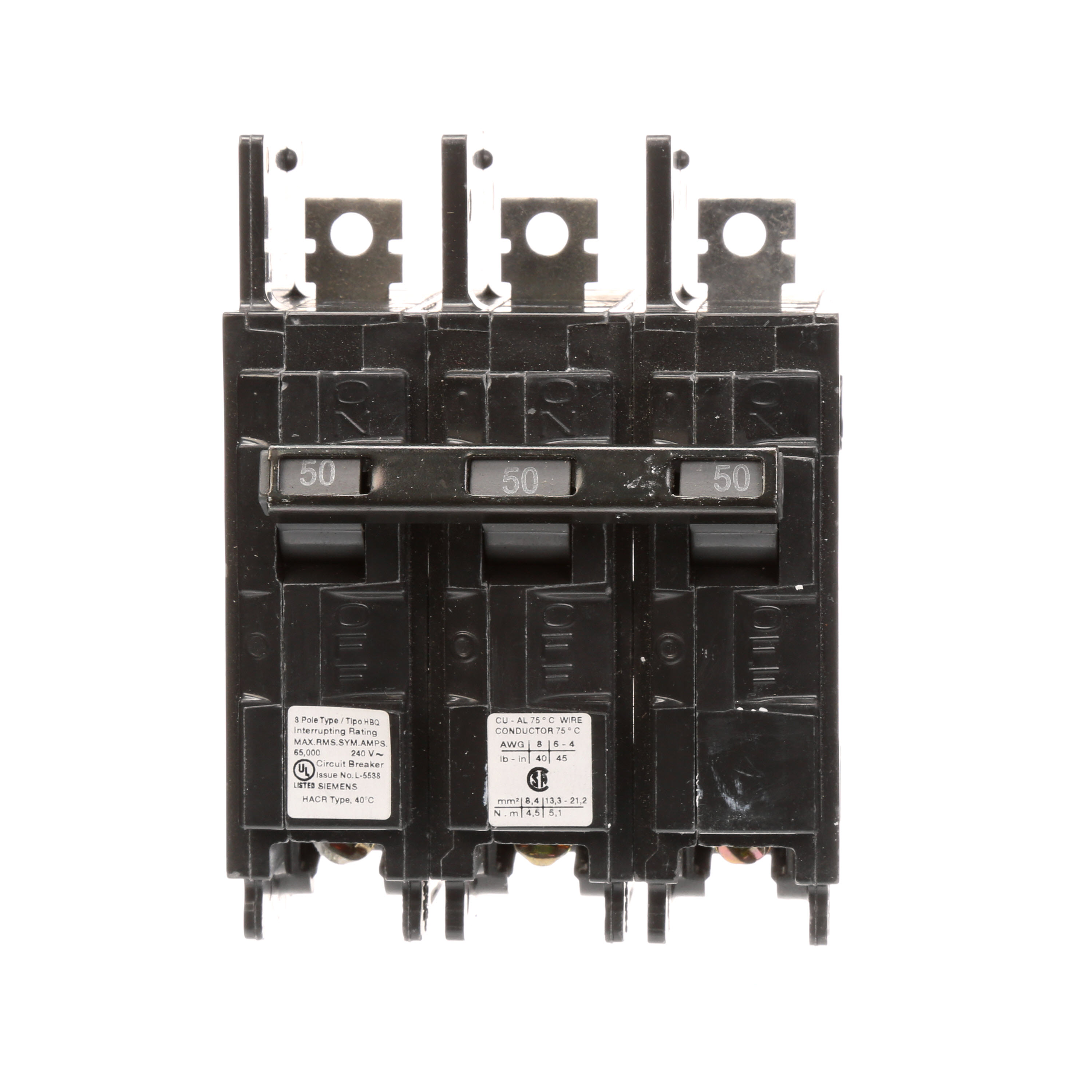 Siemens Low Voltage Molded Case Circuit Breakers General Purpose MCCBs are Circuit Protection Molded Case Circuit Breakers. 3-Pole Common-Trip circuit breaker type HBQ. Rated 240V (050A) (AIR 65 kA). Special features . Load side lugs included.