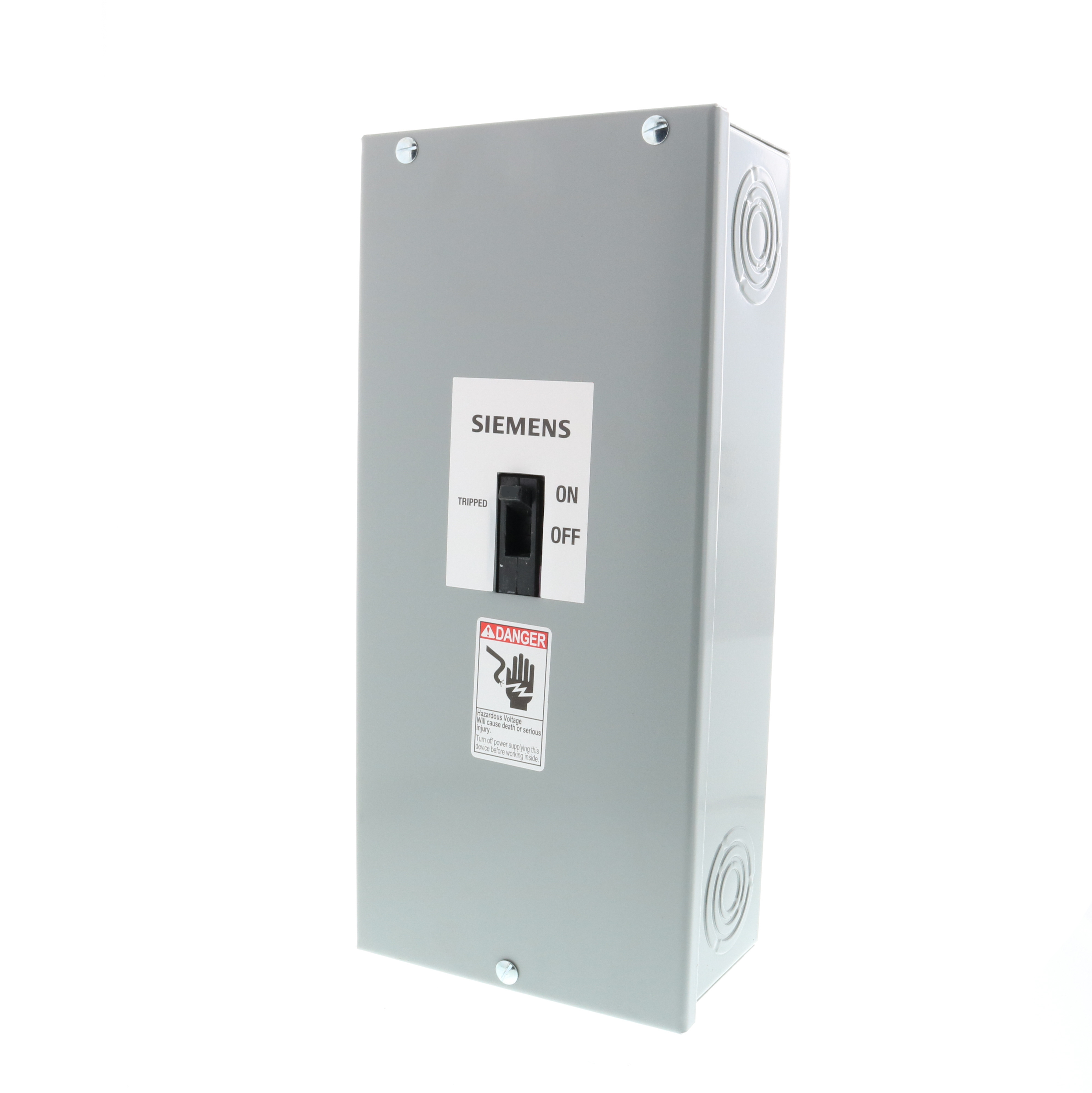 SIEMENS LOW VOLTAGE ENCLOSED SENTRON MOLDED CASE CIRCUIT BREAKER (ASSEMBLED) WITH THERMAL - MAGNETIC TRIP UNIT. 25A 2-POLE 240V STANDARD 40 DEG C BREAKER ED FRAME WITH STANDARD BREAKING CAPACITY (ED22B025). NON-INTERCHANGEABLE TRIP UNIT. NEMA TYPE 1 ENCLOSURE SURFACE MOUNTED (E2N1S) WITH NEUTRAL (W53045). INCLUDES LINE AND LOAD SIDE LUGS (SA1E025) WIRE RANGE 14 - 10AWG (CU) / 12 - 10AWG (AL). ENCLOSURE DIMENSIONS (W x H x D) IN 7.50 x 16.72 x 5.06.