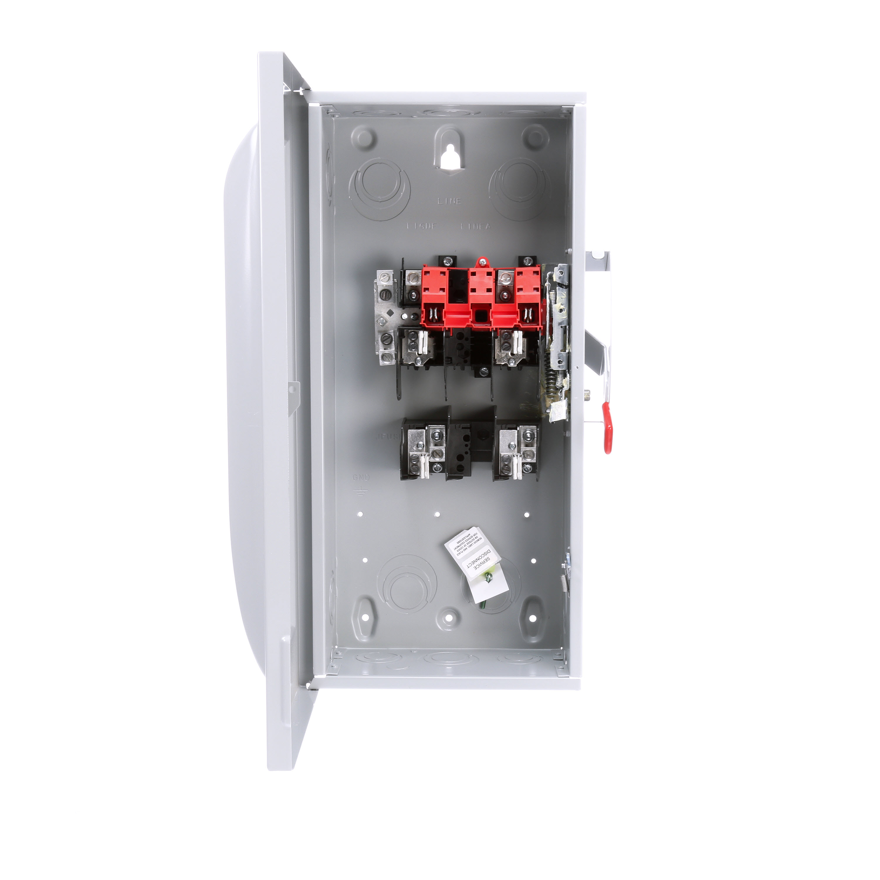 Siemens Low Voltage Circuit Protection General Duty Safety Switch. 2-Pole 2-Fuse and solid neutral Fused in a type 1 enclosure (indoor). Rated 240VAC (100A). Horse power (Std, Time delay) fused 1-PH 2-W (7-1/2, 15), 3-PH 3-W (15, 30), 250VDC (20). Special features service entrance labeled suitable for 3-PH motor loads.