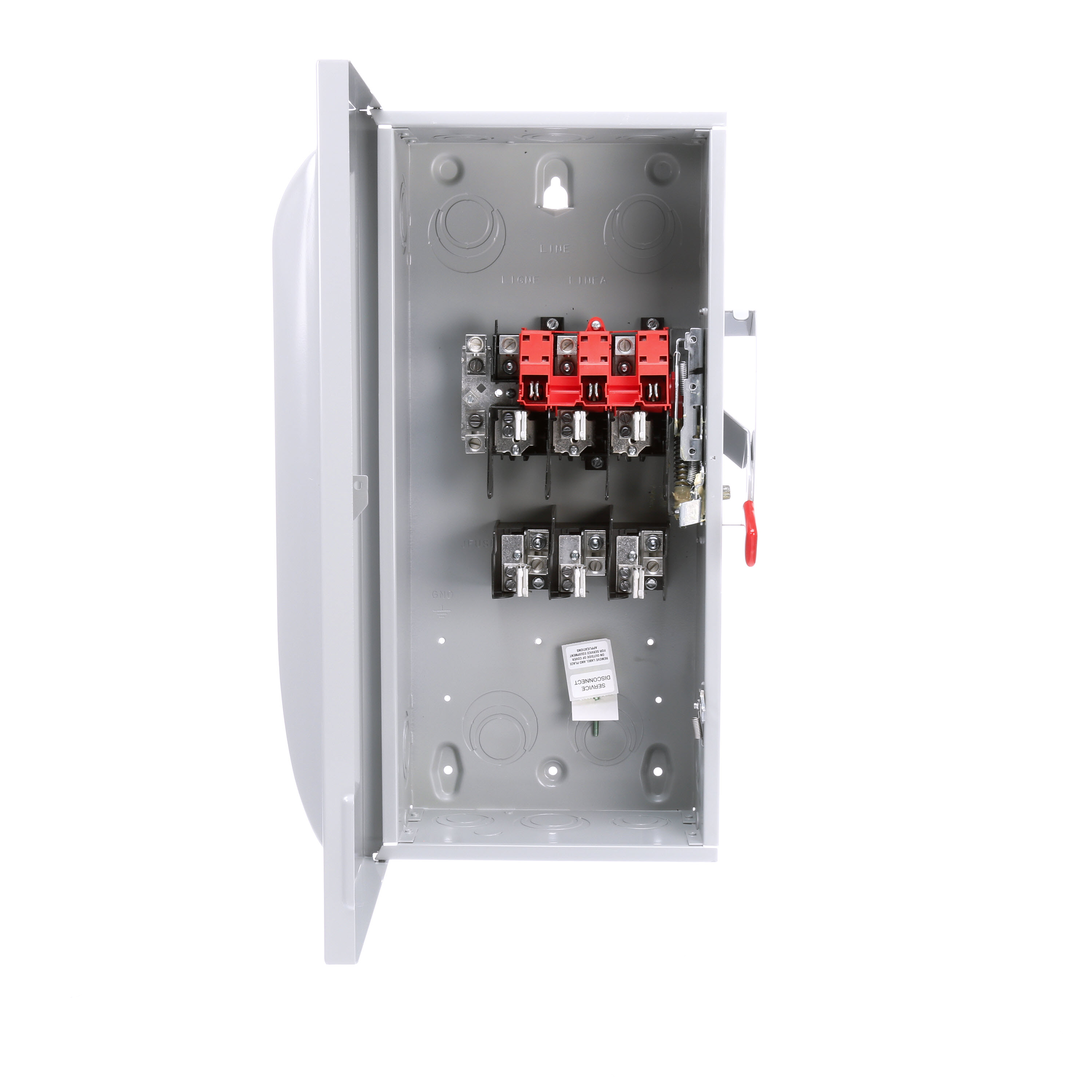 Siemens Low Voltage Circuit Protection General Duty Safety Switch. 3-Pole 3-Fuse and solid neutral Fused in a type 1 enclosure (indoor). Rated 240VAC (100A). Horse power (Std, Time delay) fused 1-PH 2-W (7-1/2, 15), 3-PH 3-W (15, 30), 250VDC (20). Special features service entrance labeled .