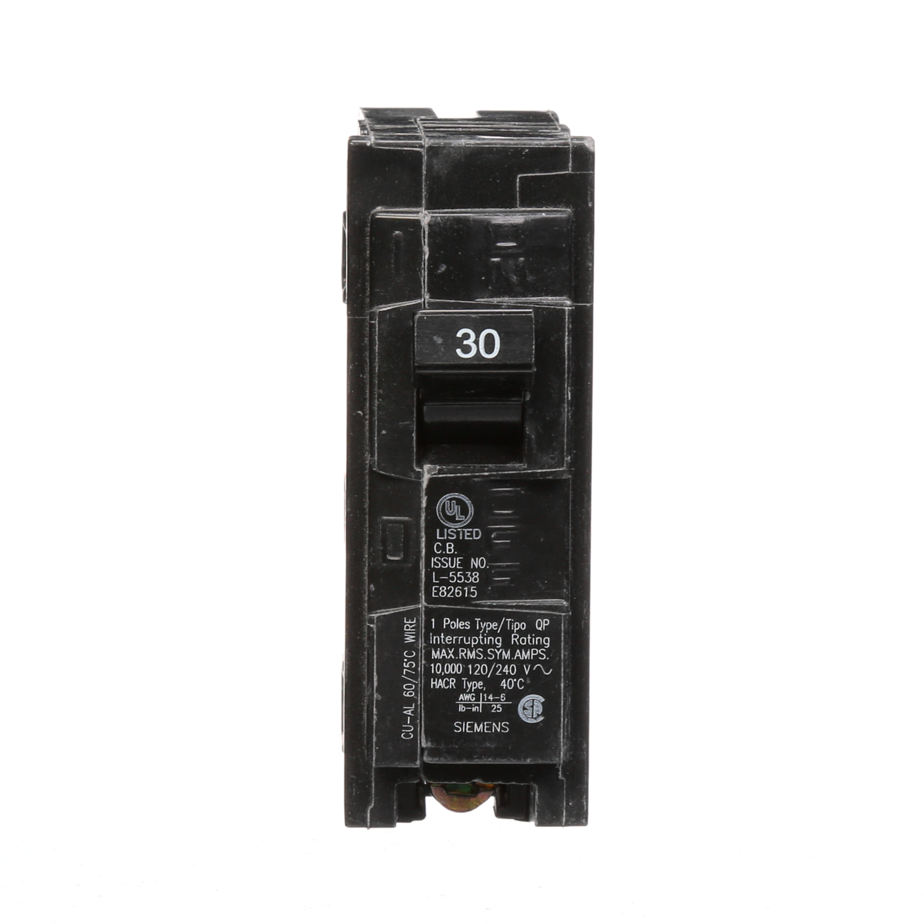 Siemens Low Voltage Residential Circuit Breakers Miniature Thermal Mag Circuit Breakers - Type QP/MP 1-pole 10k are Circuit Protection Load Center Mains, Feeders, and Miniature Circuit Breakers. BREAKER 30A 1P 120V 10K QP