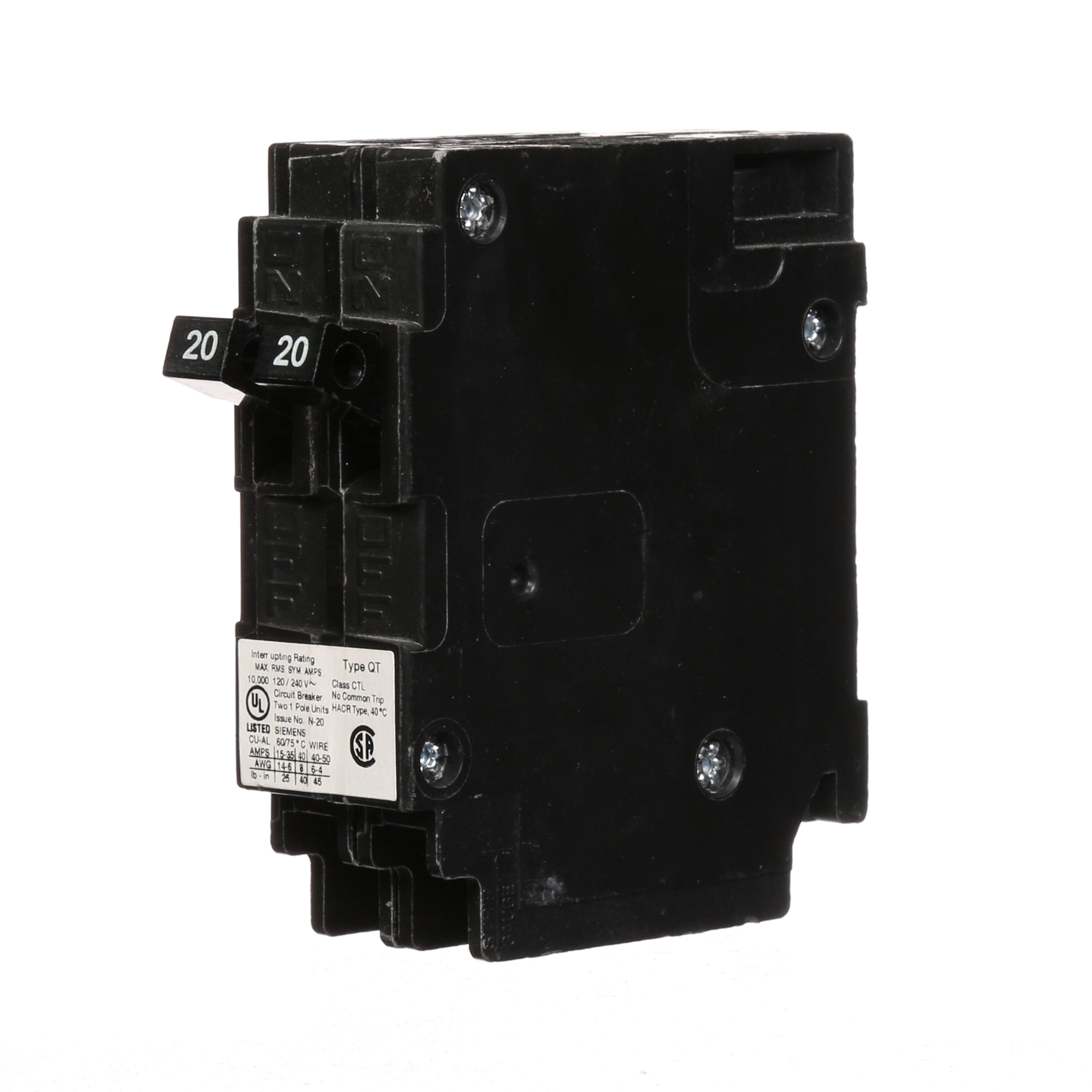 Siemens Low Voltage Residential Circuit Breakers Miniature Thermal Mag Circuit Breakers - Duplex, Triplex, Quadplex are Circuit Protection Load Center Mains, Feeders, and Miniature Circuit Breakers. Dimensions (L x W x H) IN 3 x 2 x 3. Type QT for electrical distribution applications. Meets stds UL 489. Rated 120V (20-20A). Connector plug-in 1-Pole. (AIR 10 AIC). No special features listed.