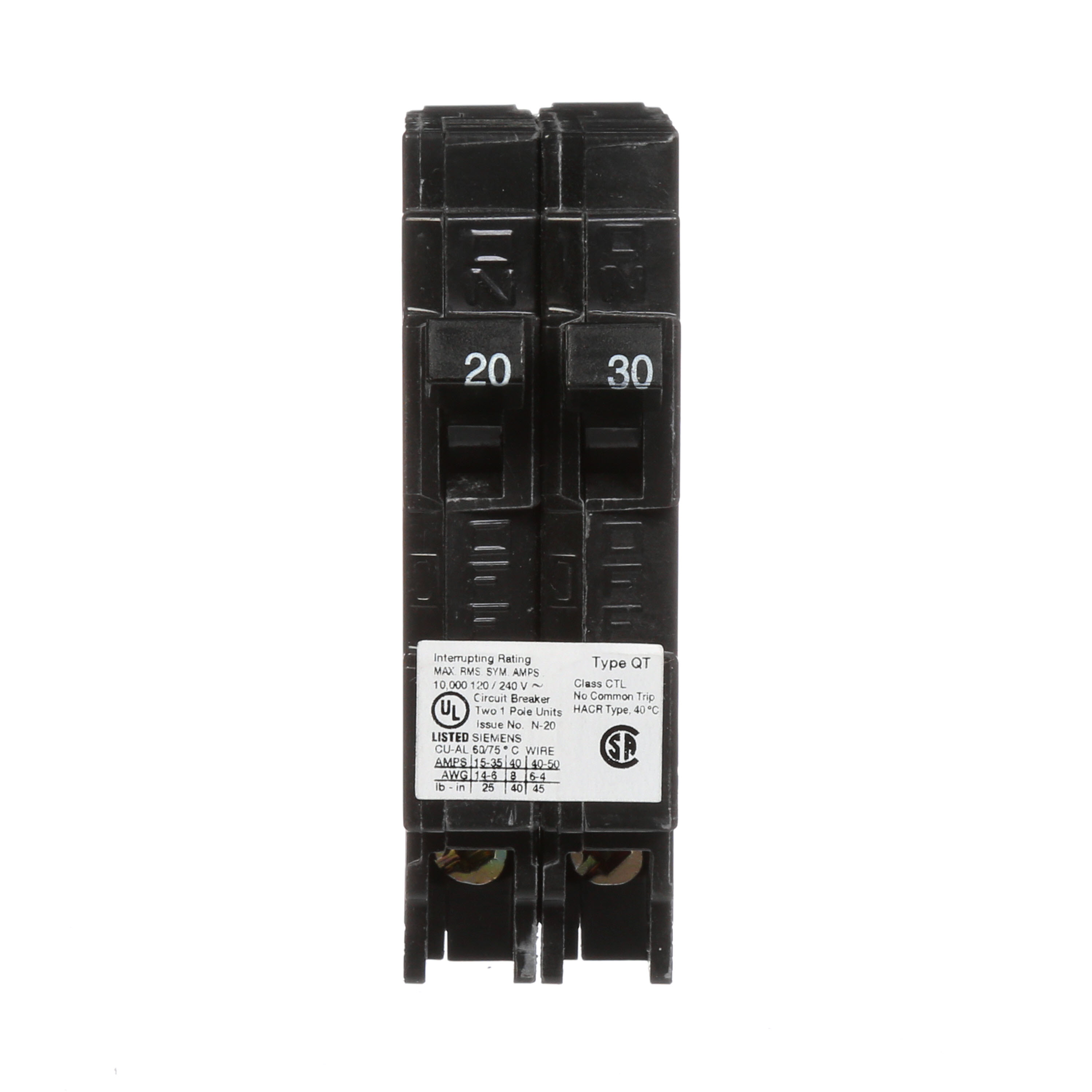 Siemens Low Voltage Residential Circuit Breakers Miniature Thermal Mag Circuit Breakers - Duplex, Triplex, Quadplex are Circuit Protection Load Center Mains, Feeders, and Miniature Circuit Breakers. Type QT Application Electrical Distribution Standard UL 489 Voltage Rating 120V Amperage Rating 20-30A Trip Range Thermal Magnetic Interrupt Rating 10 AIC Number Of Poles 1P