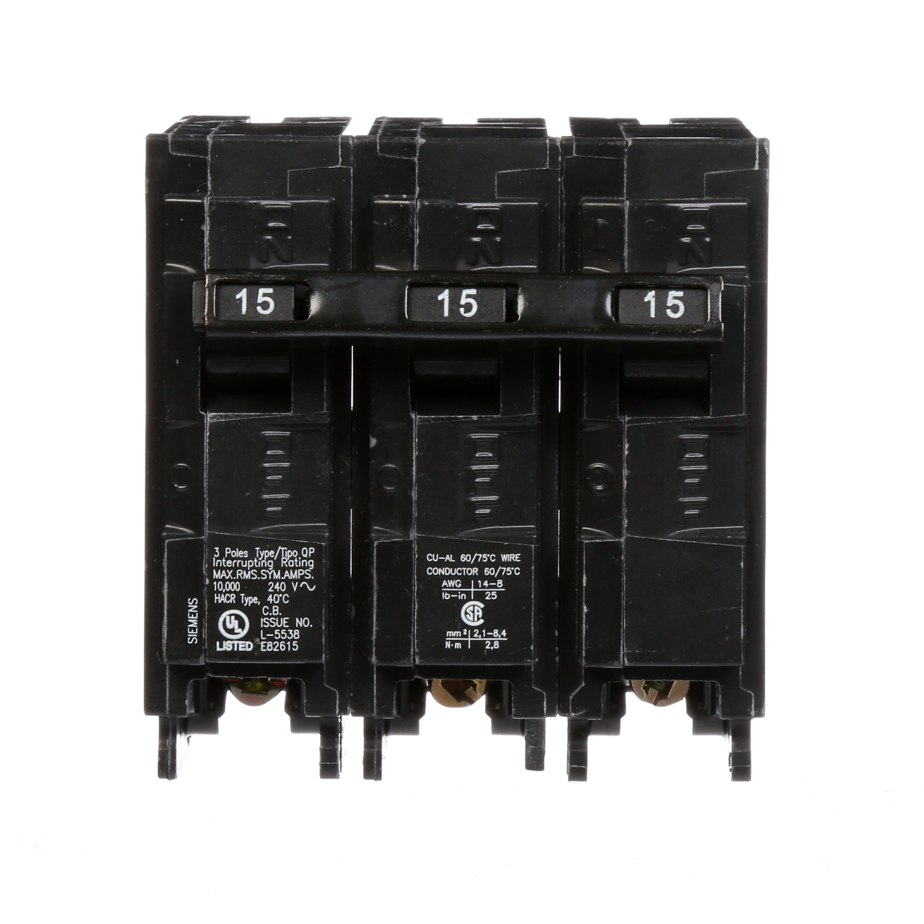 Siemens Low Voltage Residential Circuit Breakers Miniature Thermal Mag Circuit Breakers - Type QP/MP, 3-Pole, 240VAC are Circuit Protection Load Center Mains, Feeders, and Miniature Circuit Breakers. Type QP/MP Application Electrical Distribution Standard UL 489 Voltage Rating 240V Amperage Rating 15A Trip Range Thermal Magnetic Interrupt Rating 10 AIC Number Of Poles 3P