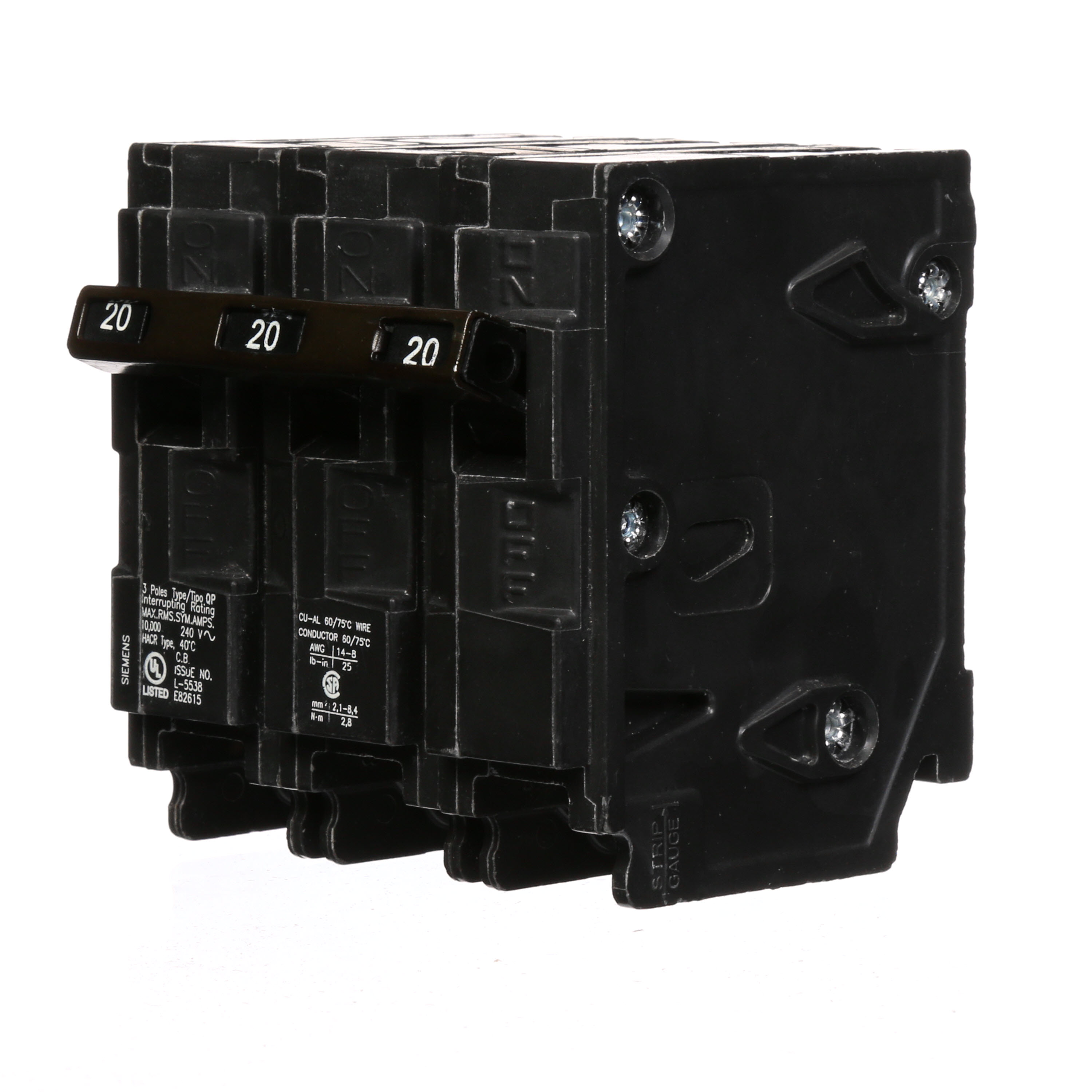 Siemens Low Voltage Residential Circuit Breakers Miniature Thermal Mag Circuit Breakers - Type QP/MP, 3-Pole, 240VAC are Circuit Protection Load Center Mains, Feeders, and Miniature Circuit Breakers. Type QP/MP Application Electrical Distribution Standard UL 489 Voltage Rating 240V Amperage Rating 20A Trip Range Thermal Magnetic Interrupt Rating 10 AIC Number Of Poles 3P