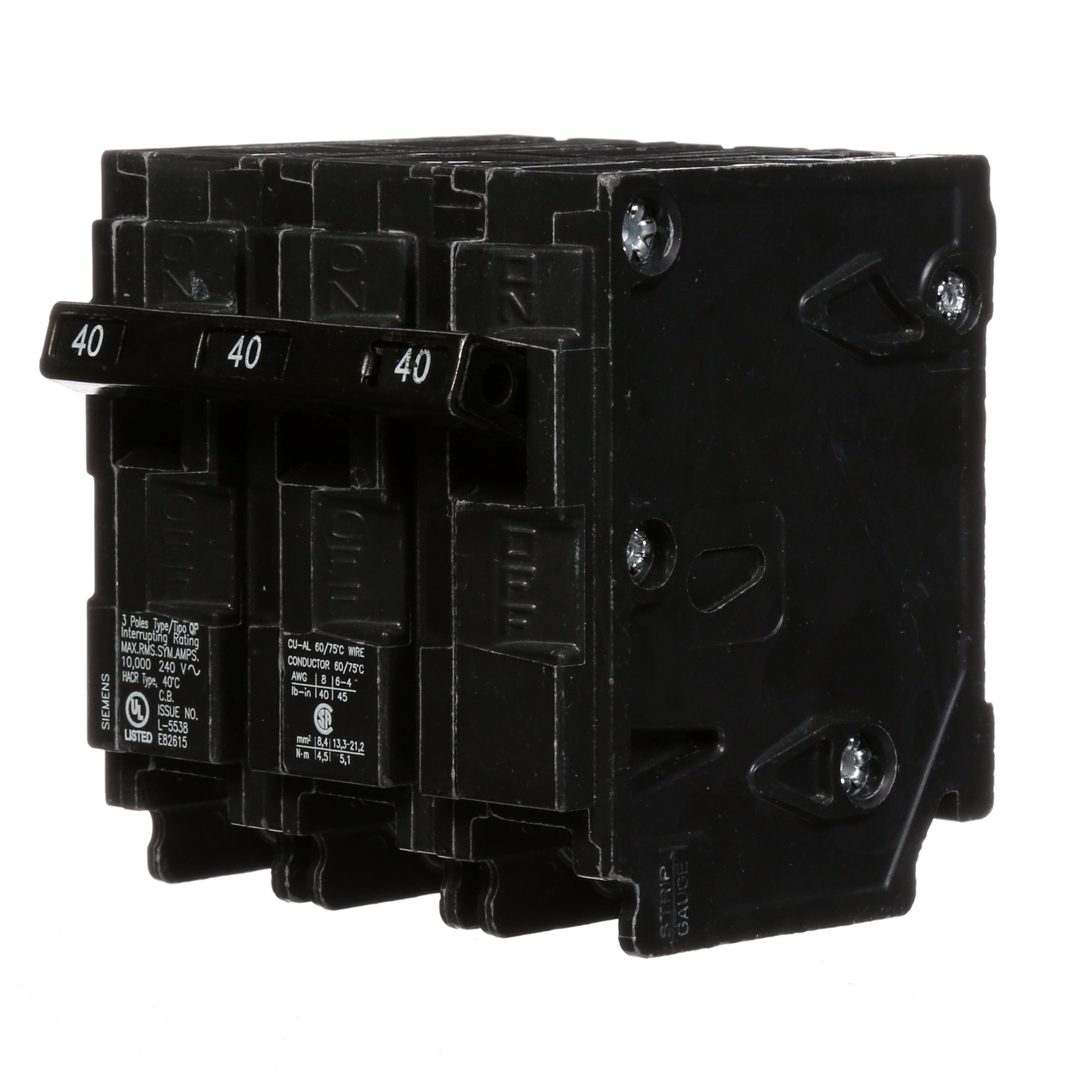 Siemens Low Voltage Residential Circuit Breakers Miniature Thermal Mag Circuit Breakers - Type QP/MP, 3-Pole, 240VAC are Circuit Protection Load Center Mains, Feeders, and Miniature Circuit Breakers. Type QP/MP Application Electrical Distribution Standard UL 489 Voltage Rating 240V Amperage Rating 40A Trip Range Thermal Magnetic Interrupt Rating 10 AIC Number Of Poles 3P