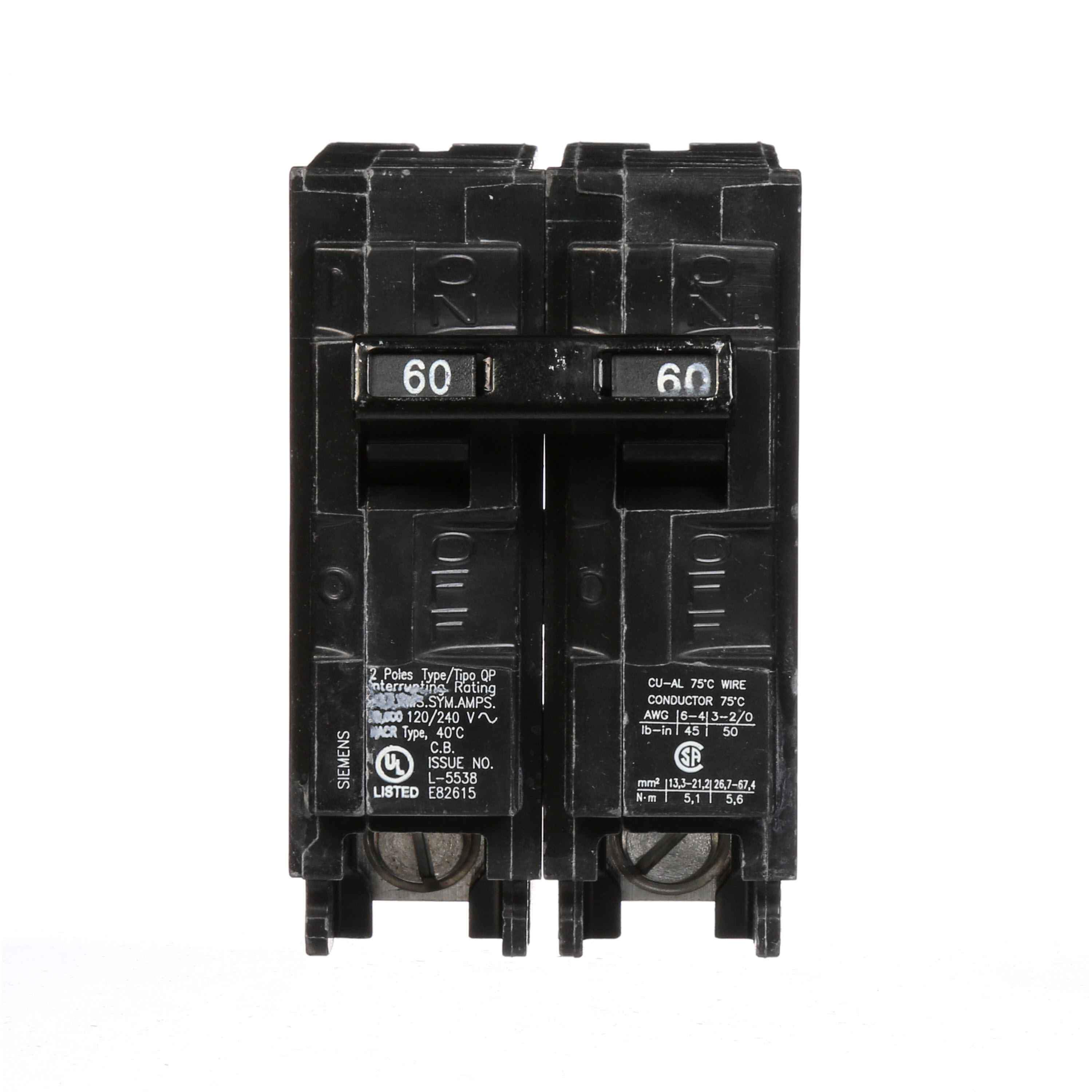 Siemens Low Voltage Residential Circuit Breakers Miniature Thermal Mag Circuit Breakers - Type QP/MP, 2-Pole, 120/240VAC are Circuit Protection Load Center Mains, Feeders, and Miniature Circuit Breakers. Type QP/MP Application Electrical Distribution Standard UL 489 Voltage Rating 120/240V Amperage Rating 60A Trip Range Thermal Magnetic Interrupt Rating 10 AIC Number Of Poles 2P