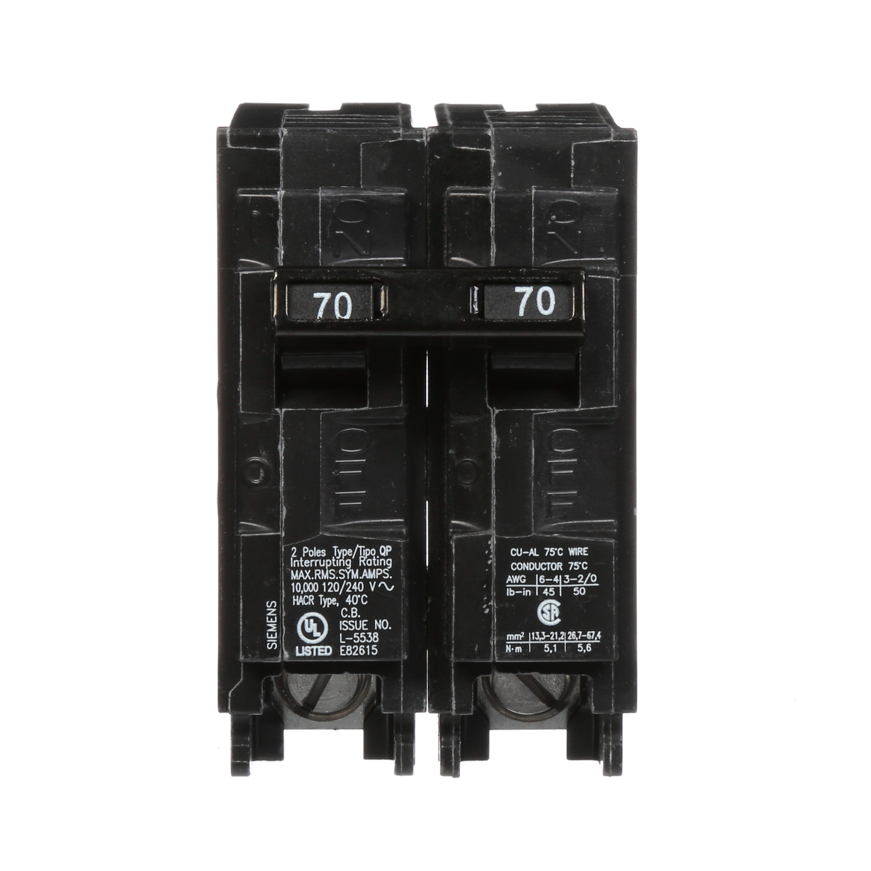 Siemens Low Voltage Residential Circuit Breakers Miniature Thermal Mag Circuit Breakers - Type QP/MP, 2-Pole, 120/240VAC are Circuit Protection Load Center Mains, Feeders, and Miniature Circuit Breakers. Type QP/MP Application Electrical Distribution Standard UL 489 Voltage Rating 120/240V Amperage Rating 70A Trip Range Thermal Magnetic Interrupt Rating 10 AIC Number Of Poles 2P