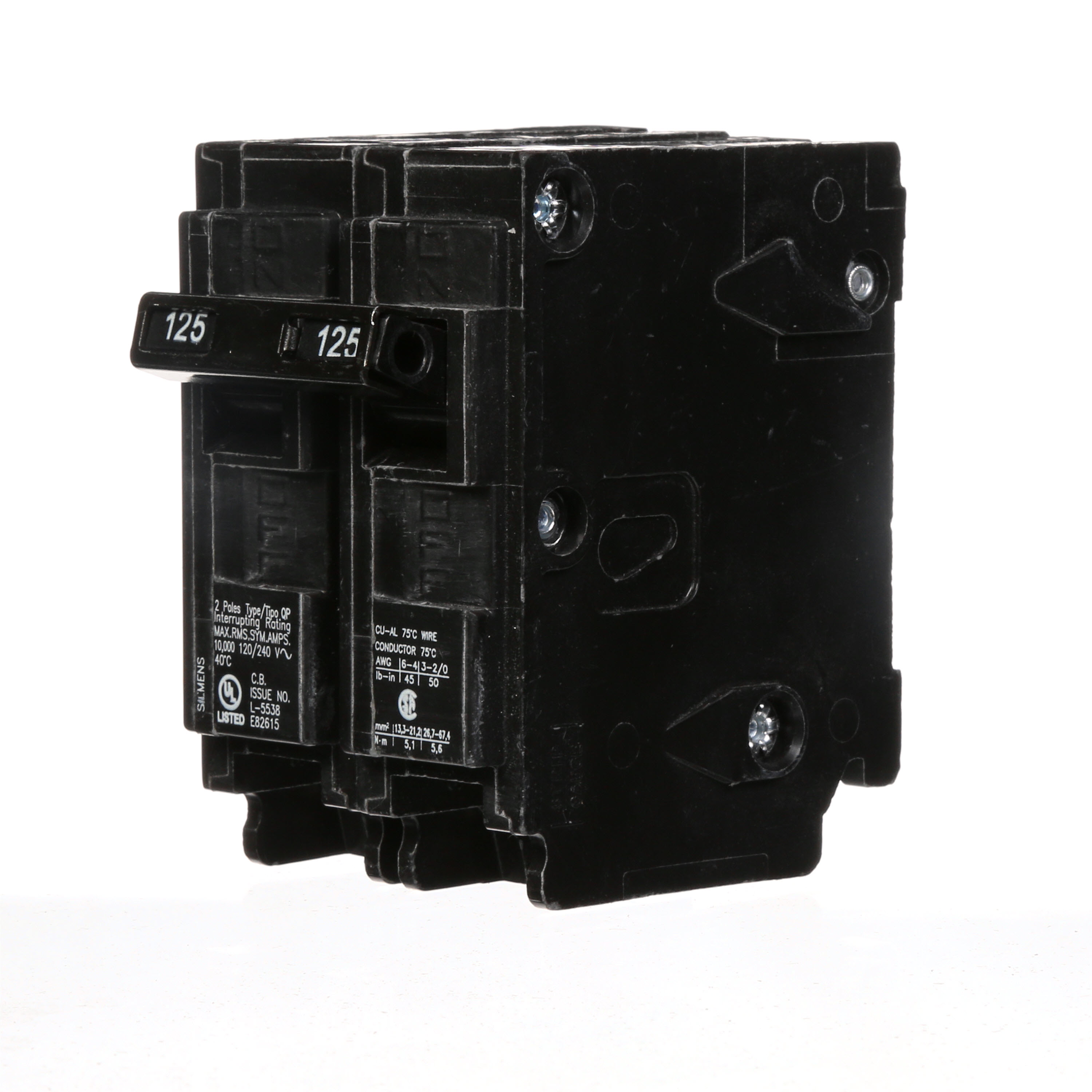 Siemens Low Voltage Residential Circuit Breakers Miniature Thermal Mag Circuit Breakers - Type QP/MP, 2-Pole, 120/240VAC are Circuit Protection Load Center Mains, Feeders, and Miniature Circuit Breakers. Type QP/MP Application Electrical Distribution Standard UL 489 Voltage Rating 120/240V Amperage Rating 125A Trip Range Thermal Magnetic Interrupt Rating 10 AIC Number Of Poles 2P