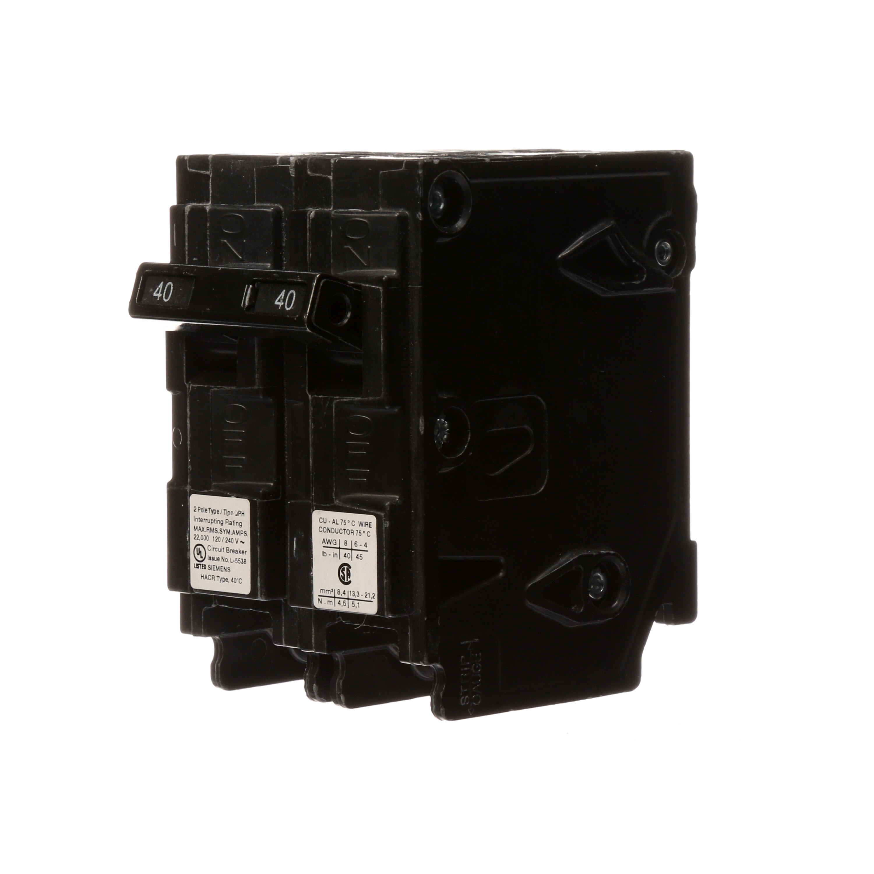 Siemens Low Voltage Residential Circuit Breakers Miniature Thermal Mag Circuit Breakers - Type QP/MP, 2-Pole, 120/240VAC are Circuit Protection Load Center Mains, Feeders, and Miniature Circuit Breakers. Type QP/MP Application Electrical Distribution Standard UL 489 Voltage Rating 120/240V Amperage Rating 40A Trip Range Thermal Magnetic Interrupt Rating 22 AIC Number Of Poles 2P