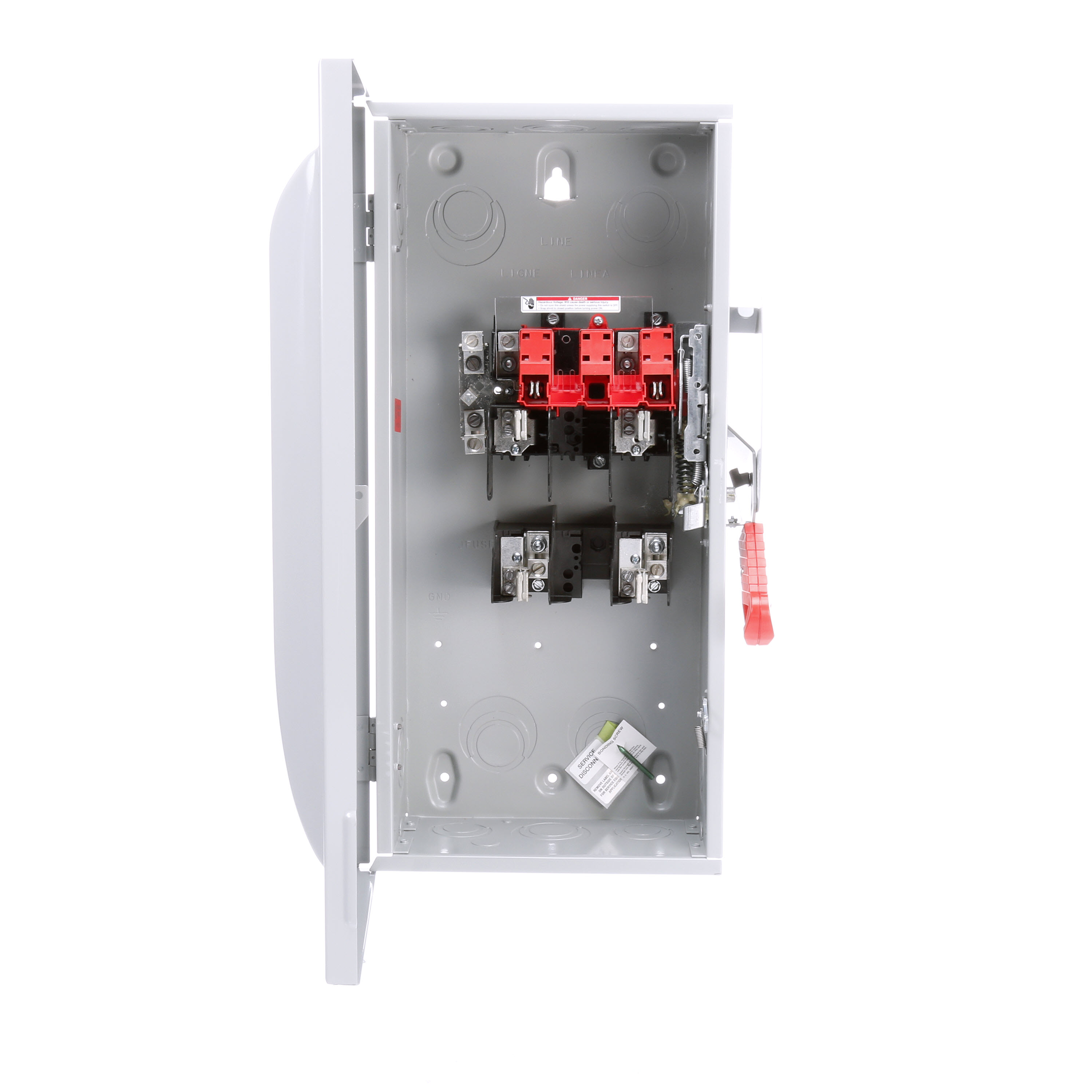 Siemens Low Voltage Circuit Protection Heavy Duty Safety Switch. 2-Pole 2-Fuse and solid neutral Fused in a type 1 enclosure (indoor). Rated 240VAC (100A).