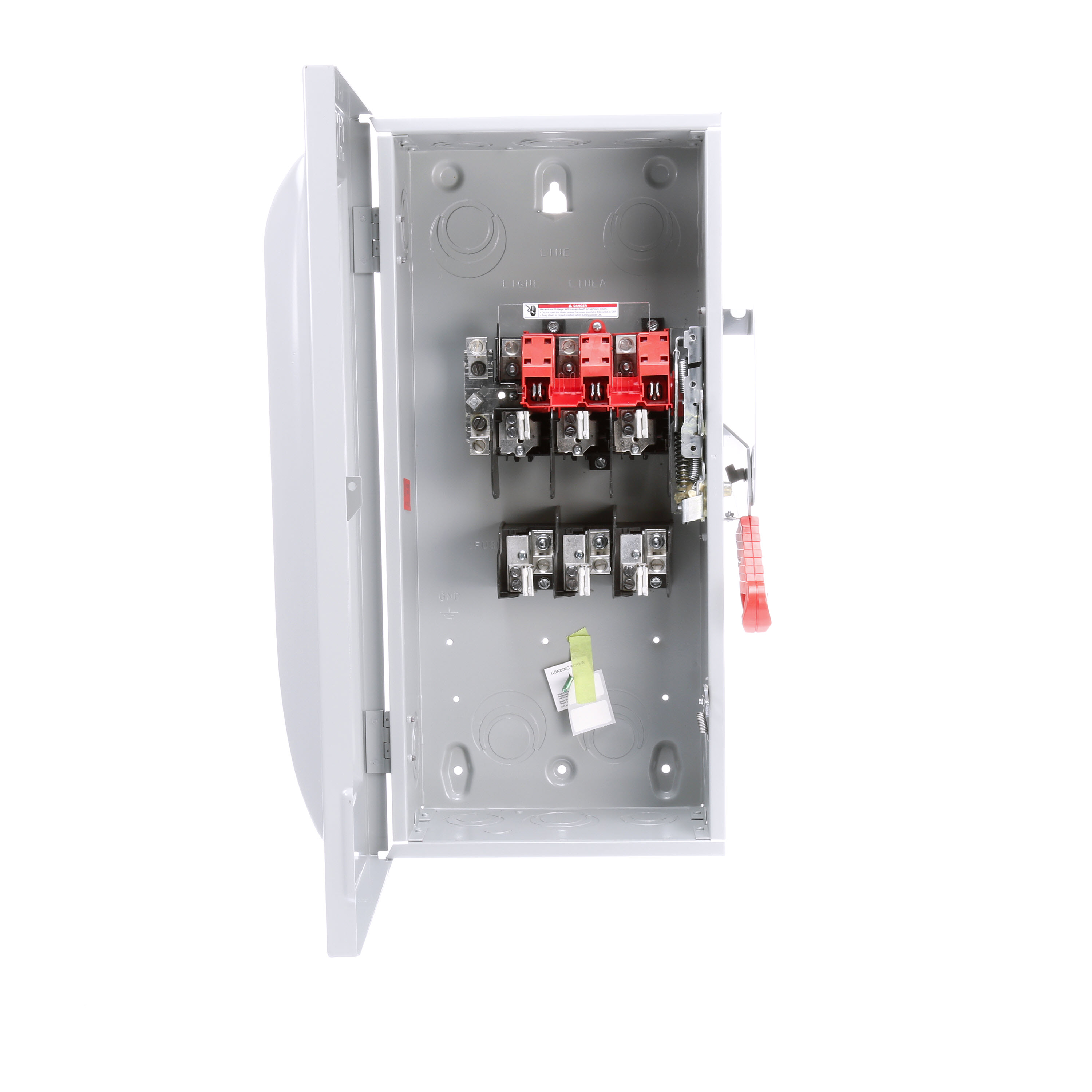 Siemens Low Voltage Circuit Protection Heavy Duty Safety Switch. 3-Pole 3-Fuse and solid neutral Fused in a type 1 enclosure (indoor). Rated 240VAC (100A).
