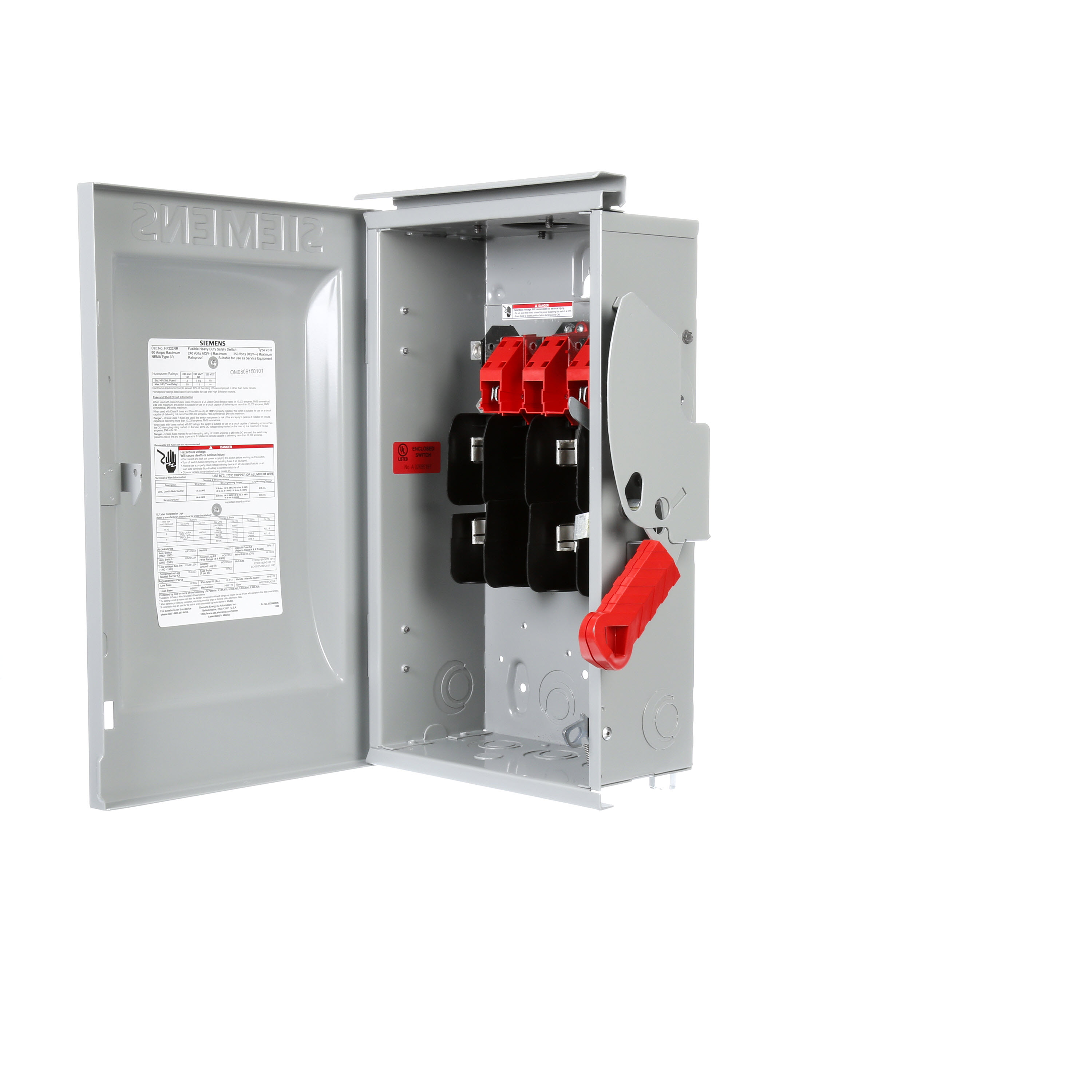Siemens Low Voltage Circuit Protection Heavy Duty Safety Switch. 2-Pole 2-Fuse and solid neutral Fused in a type 3R enclosure (outdoor). Rated 240VAC (60A).