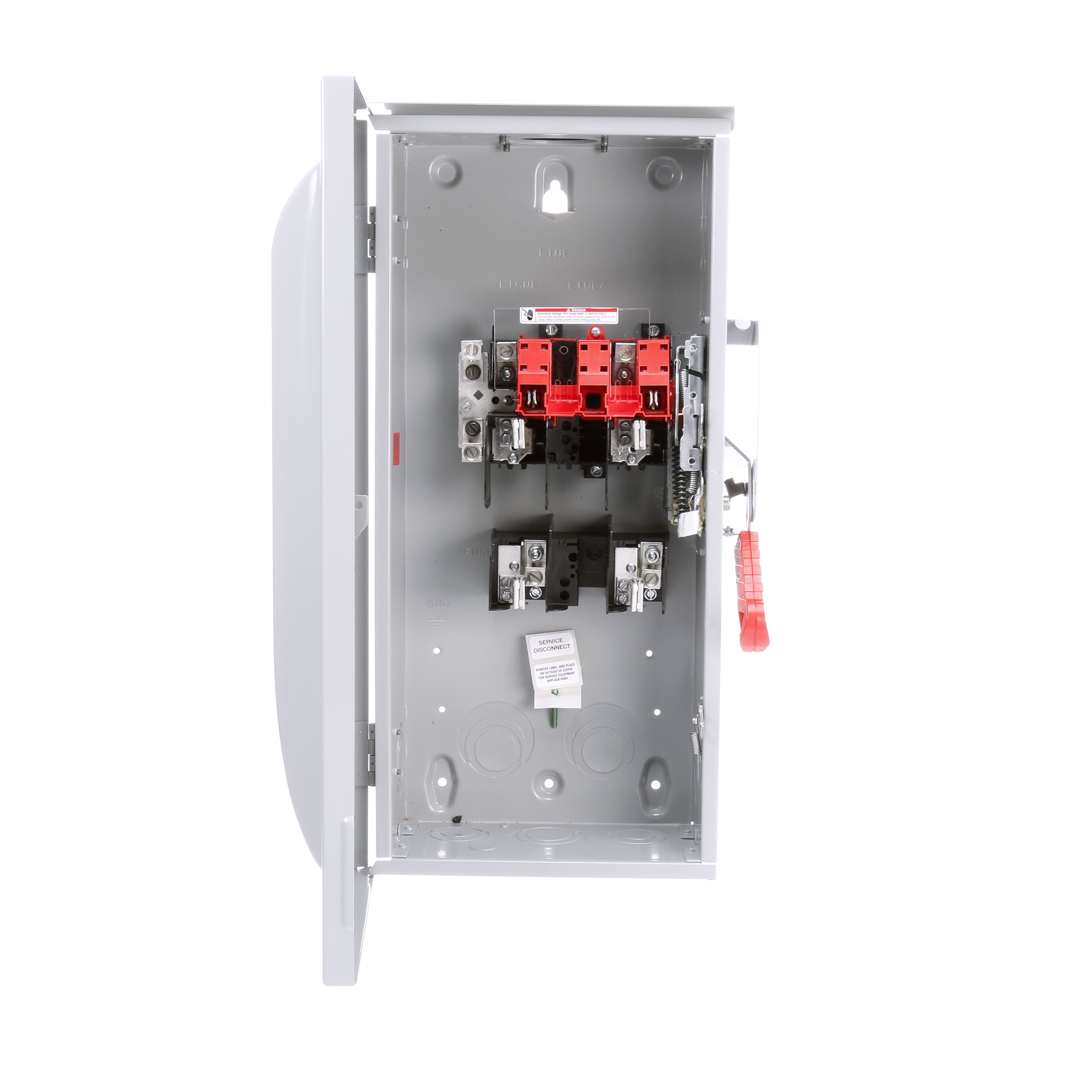 Siemens Low Voltage Circuit Protection Heavy Duty Safety Switch. 2-Pole 2-Fuse and solid neutral Fused in a type 3R enclosure (outdoor). Rated 240VAC (100A).