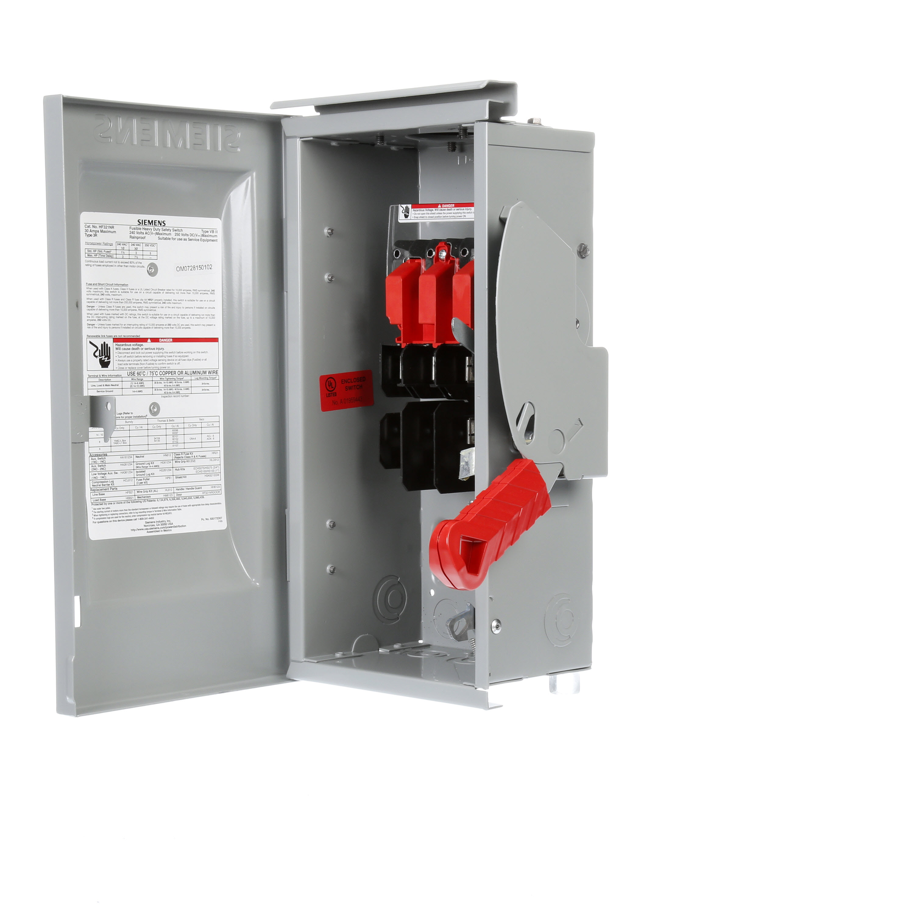 Siemens Low Voltage Circuit Protection Heavy Duty Safety Switch. 3-Pole 3-Fuse and solid neutral Fused in a type 3R enclosure (outdoor). Rated 240VAC (30A).